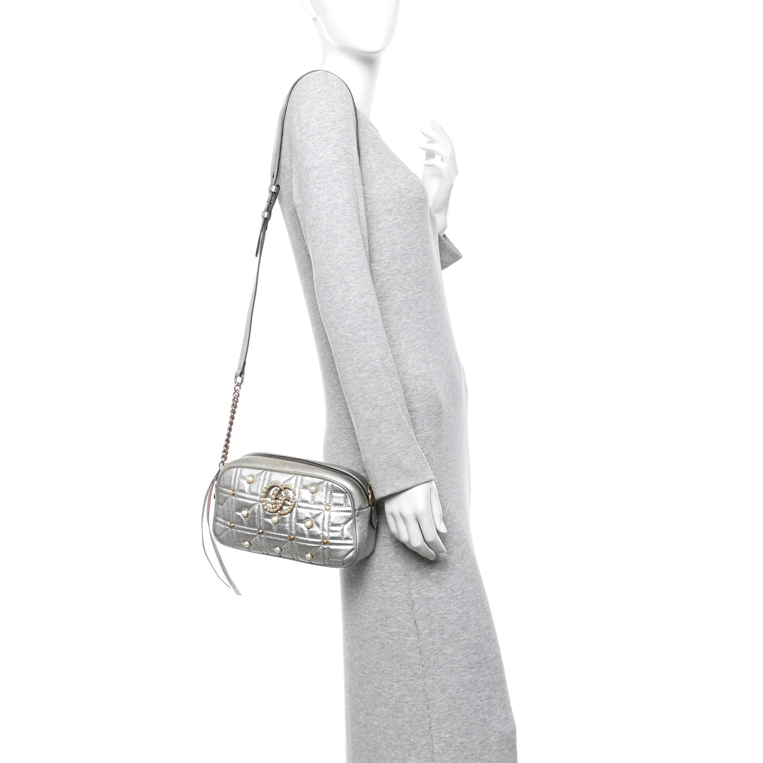 Metallic Calfskin Matelasse Studded Small Pearly GG Marmont Chain Shoulder Bag Silver - Image 2