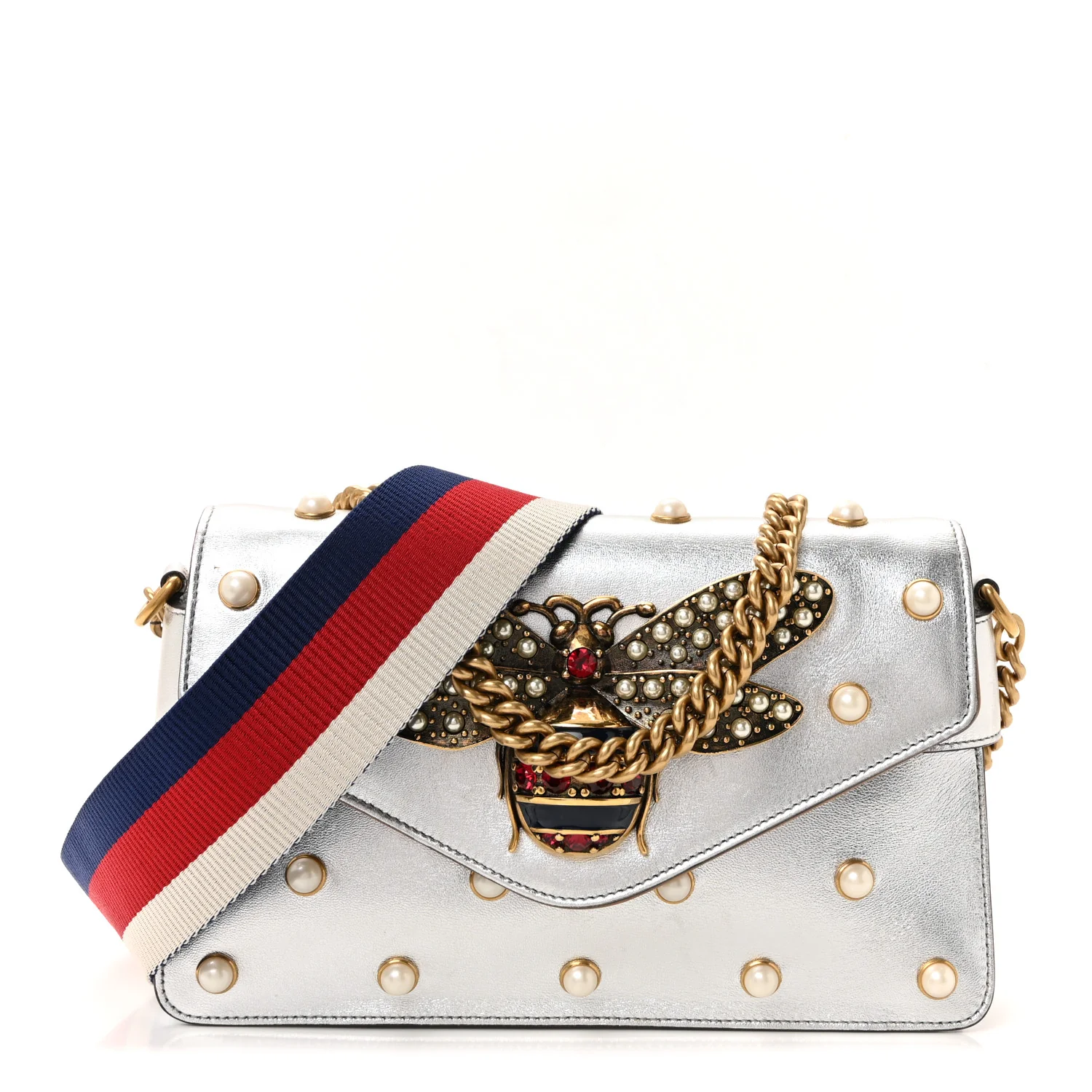 Metallic Nappa Pearl Studded Mini Queen Margaret Broadway Shoulder Bag Silver