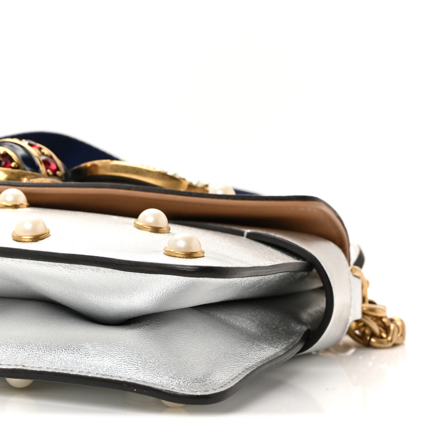 Metallic Nappa Pearl Studded Mini Queen Margaret Broadway Shoulder Bag Silver - Image 10