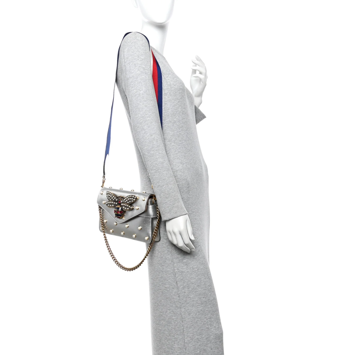 Metallic Nappa Pearl Studded Mini Queen Margaret Broadway Shoulder Bag Silver - Image 2