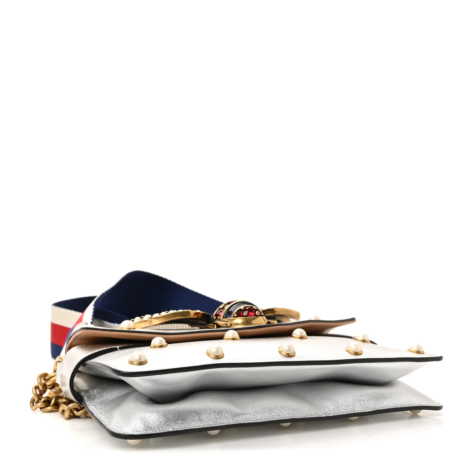 Metallic Nappa Pearl Studded Mini Queen Margaret Broadway Shoulder Bag Silver - Image 4