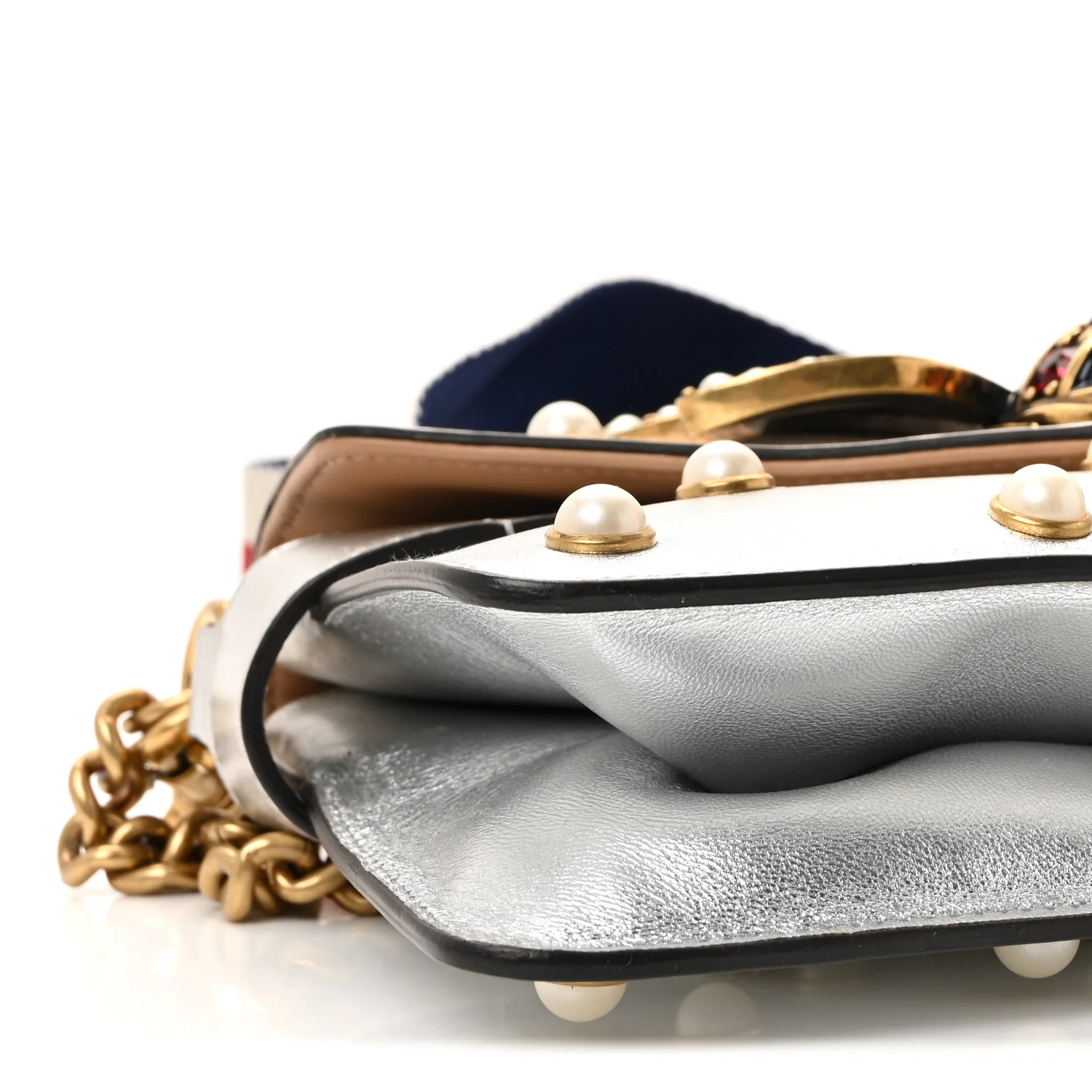 Metallic Nappa Pearl Studded Mini Queen Margaret Broadway Shoulder Bag Silver - Image 9