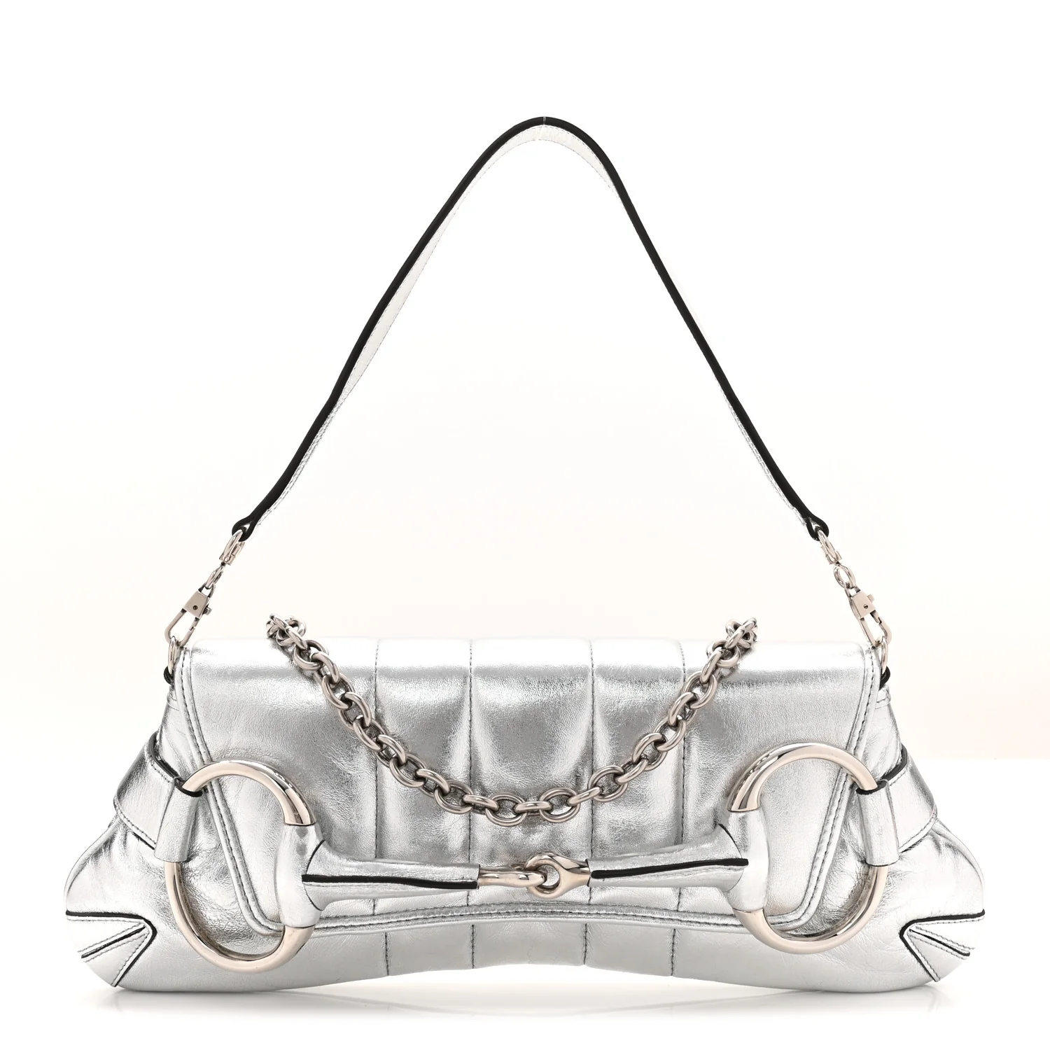 Metallic Nappa Vertical Matelasse Medium Maxi Horsebit Chain Shoulder Bag Silver