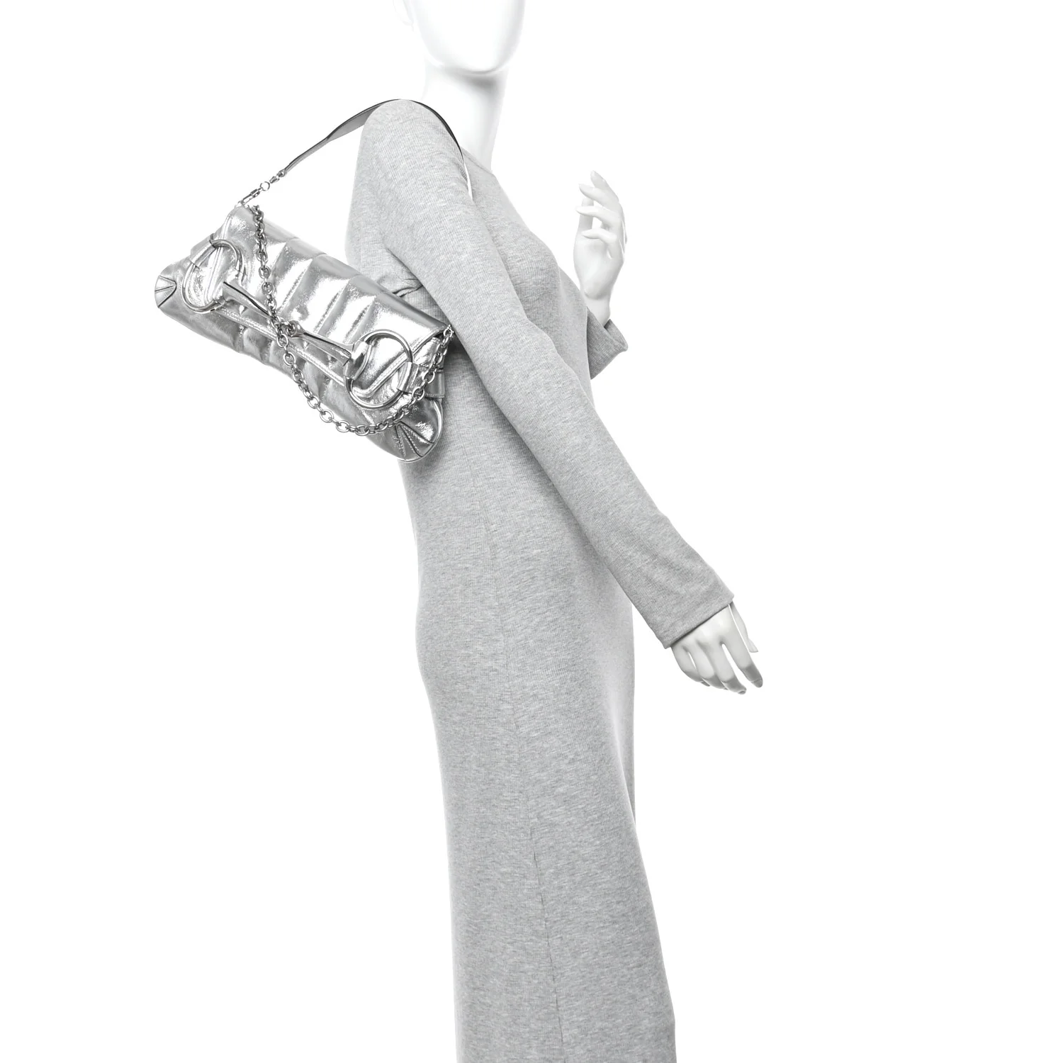 Metallic Nappa Vertical Matelasse Medium Maxi Horsebit Chain Shoulder Bag Silver - Image 2