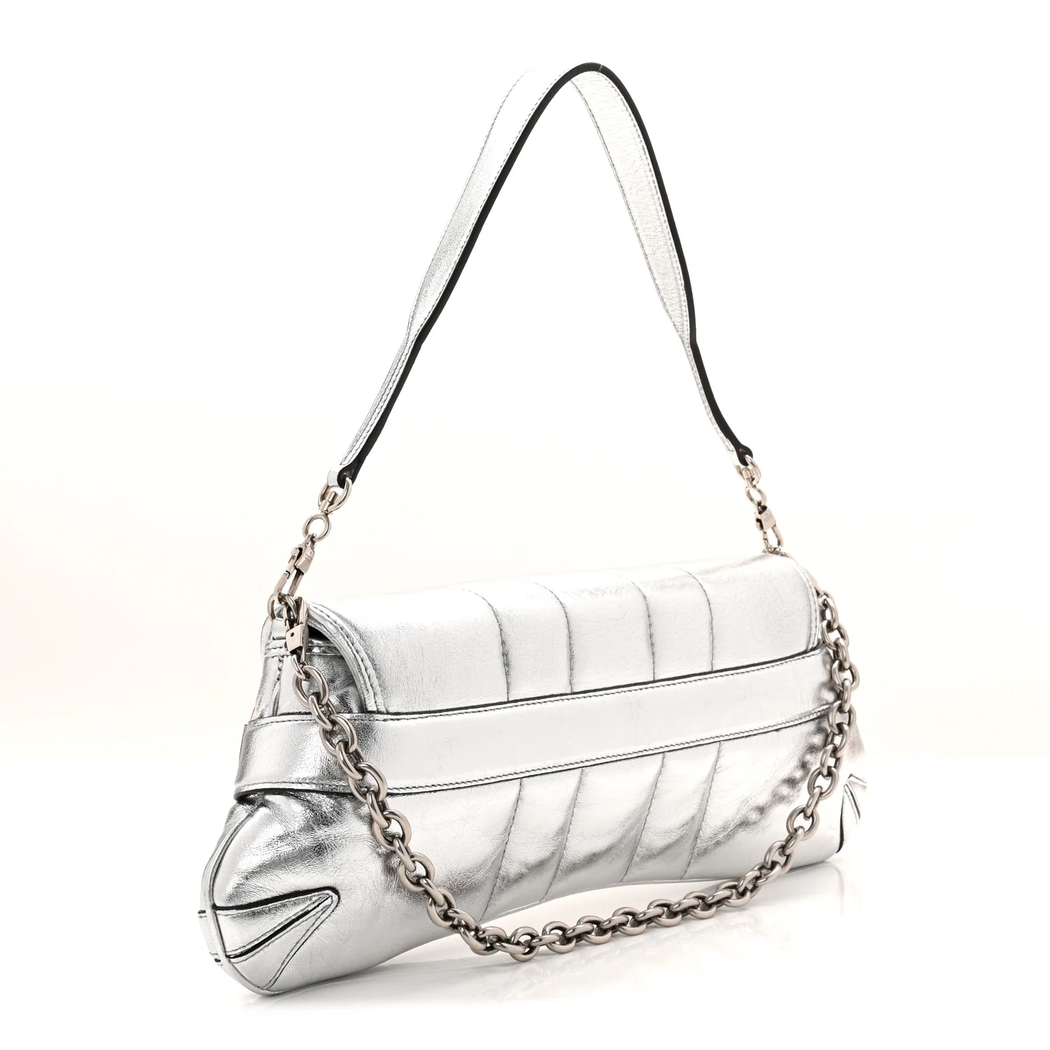 Metallic Nappa Vertical Matelasse Medium Maxi Horsebit Chain Shoulder Bag Silver - Image 3