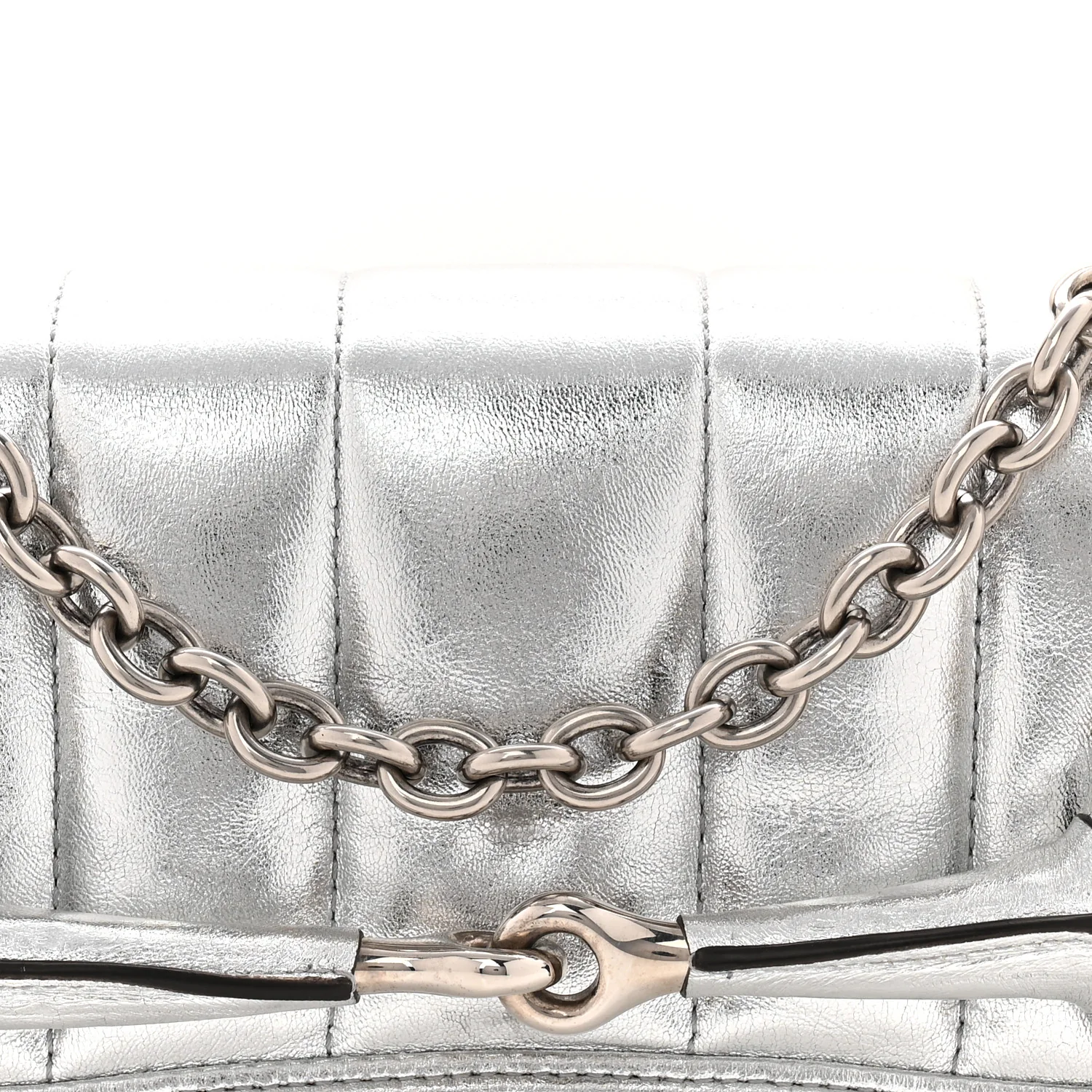 Metallic Nappa Vertical Matelasse Medium Maxi Horsebit Chain Shoulder Bag Silver - Image 8