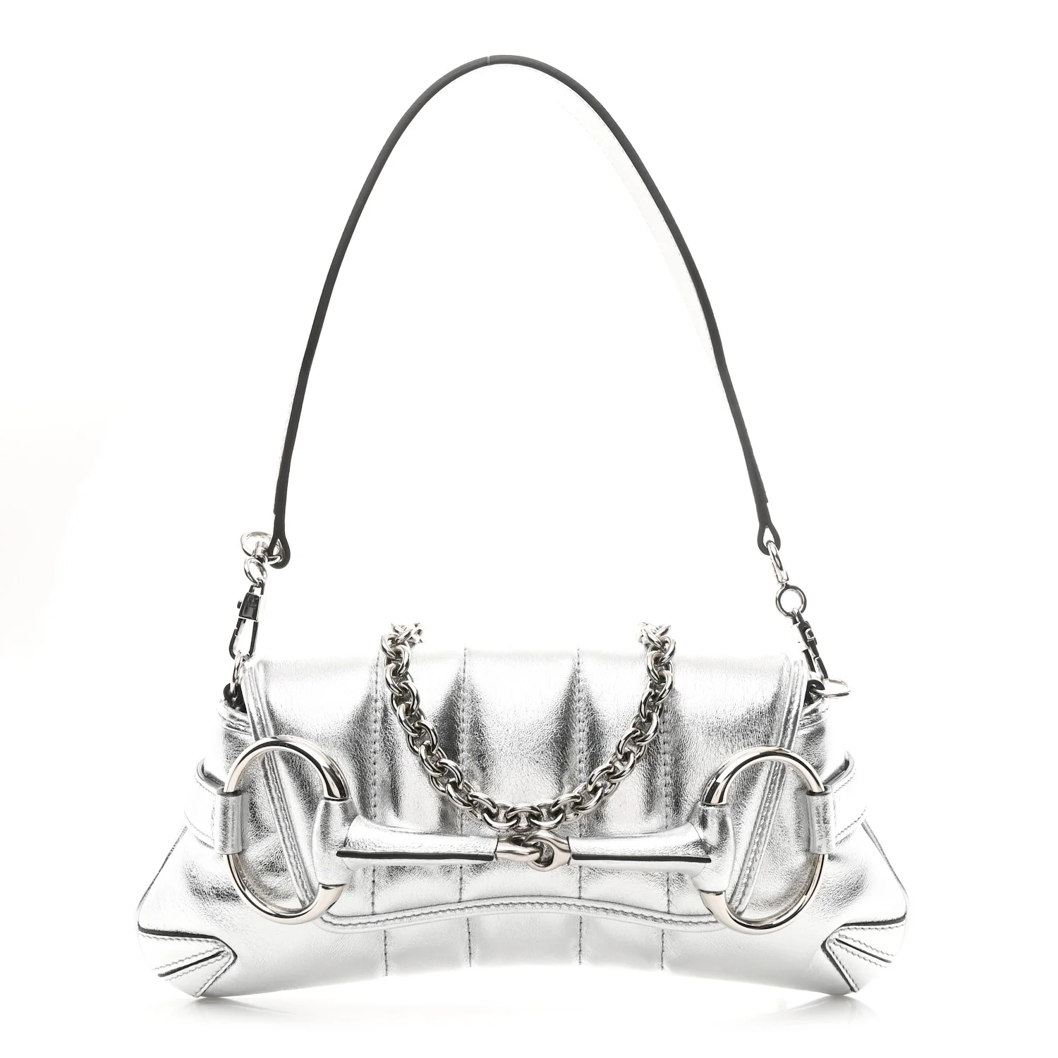 Metallic Nappa Vertical Matelasse Small Maxi Horsebit Chain Shoulder Bag Silver