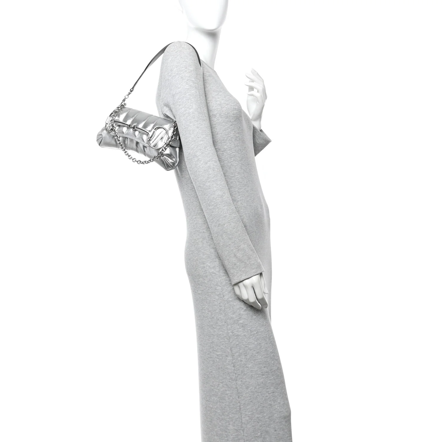 Metallic Nappa Vertical Matelasse Small Maxi Horsebit Chain Shoulder Bag Silver - Image 2