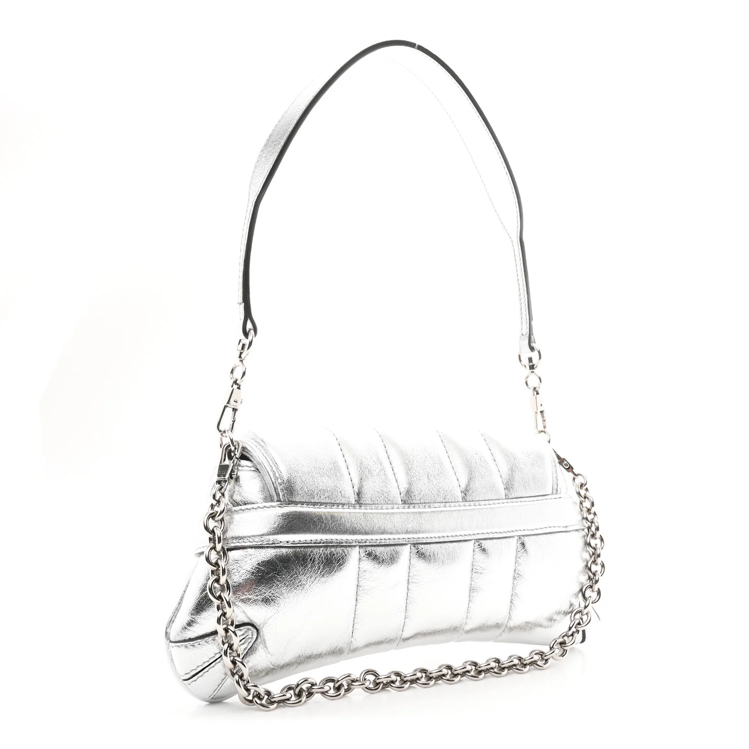 Metallic Nappa Vertical Matelasse Small Maxi Horsebit Chain Shoulder Bag Silver - Image 3