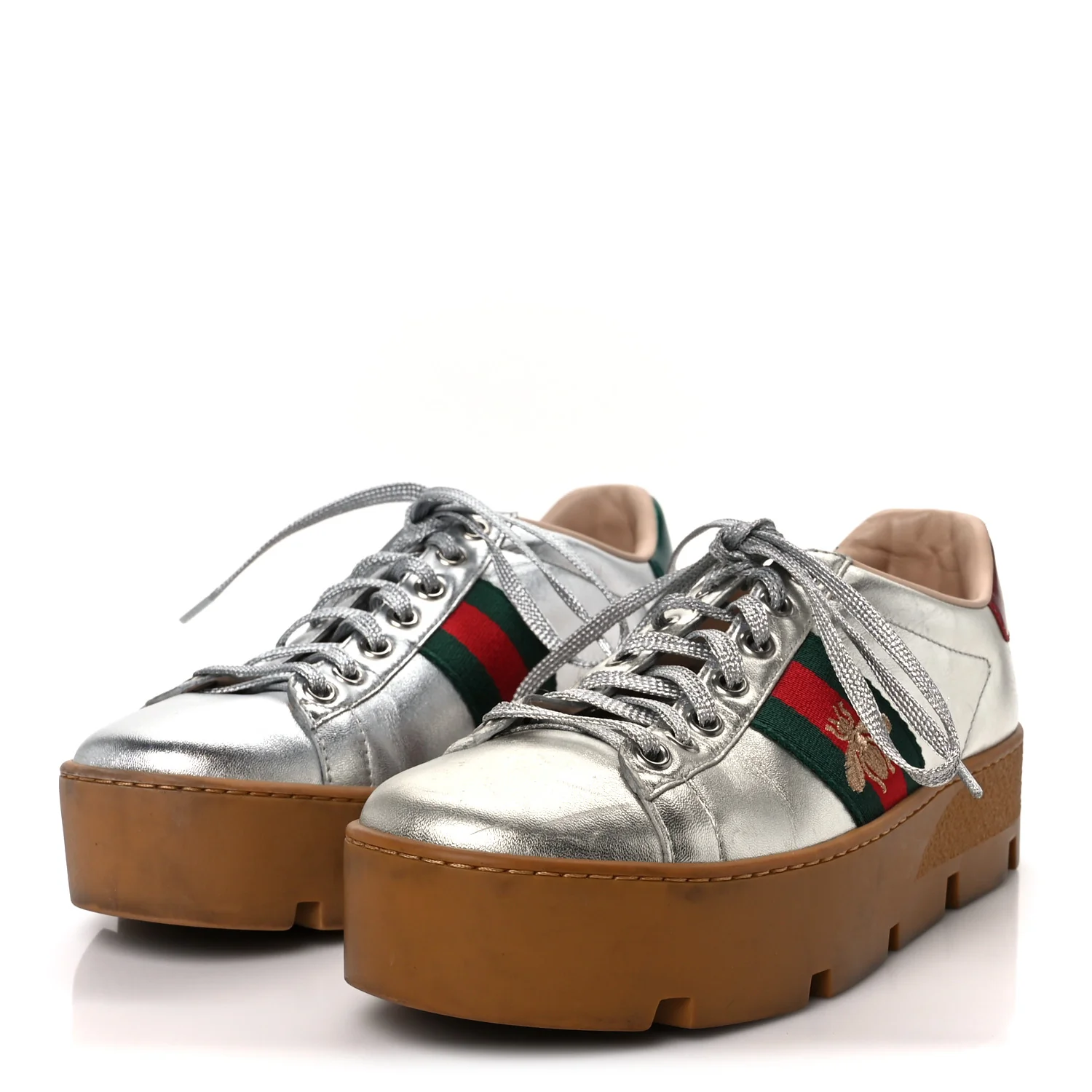 Metallic Nappa Web Bee Embroidered Womens Ace Platform Sneakers 36 Argento Red Flame - Image 4