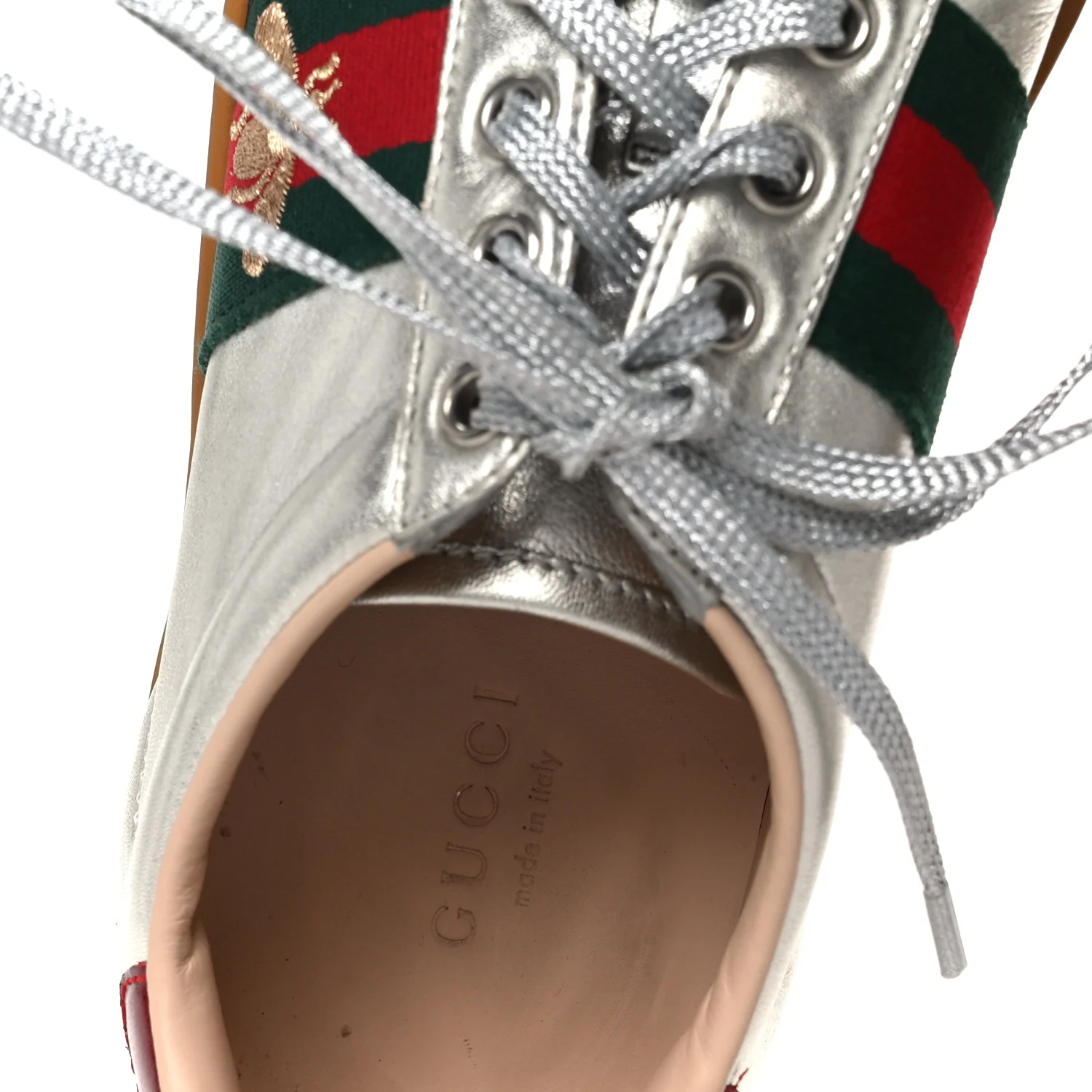 Metallic Nappa Web Bee Embroidered Womens Ace Platform Sneakers 36 Argento Red Flame - Image 7
