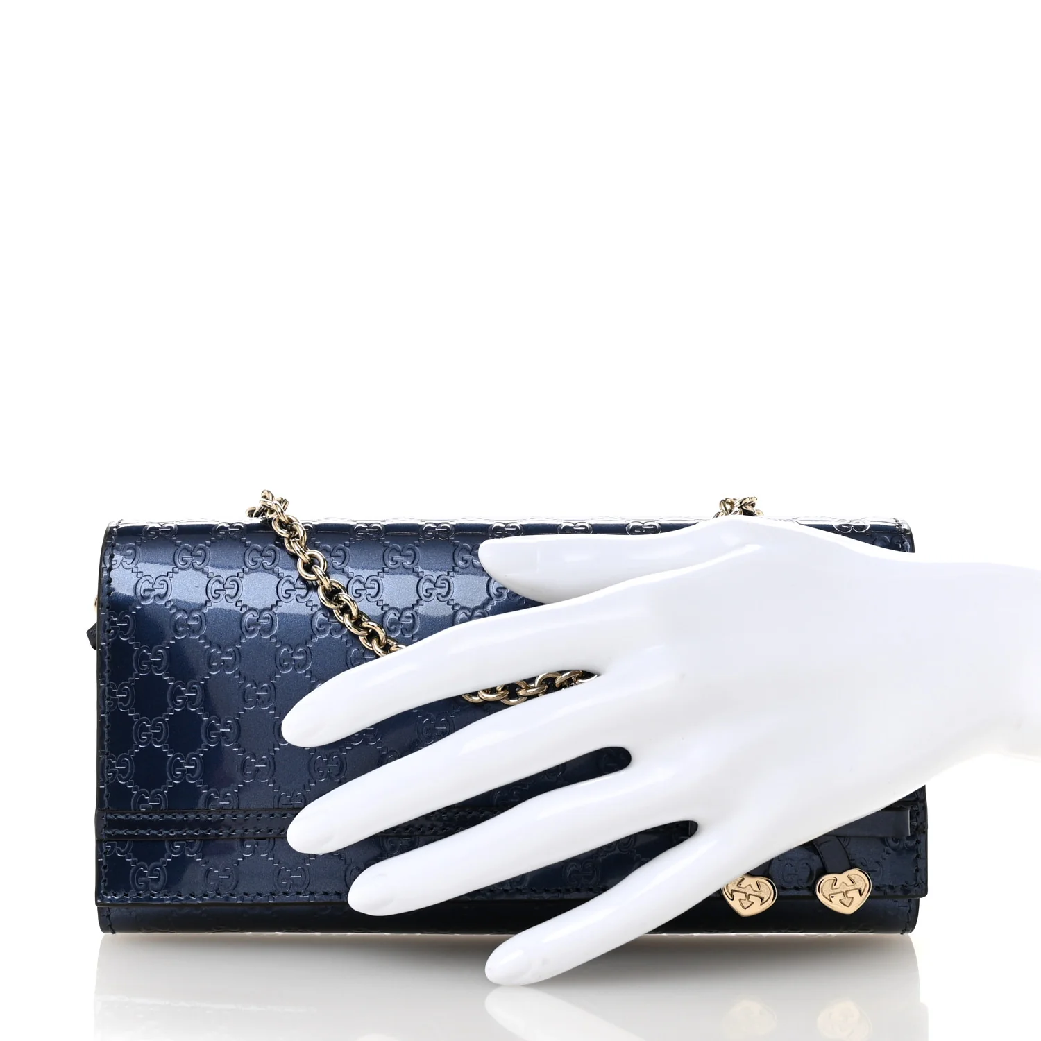 Metallic Patent Microguccissima Signature Chain Wallet Navy - Image 2