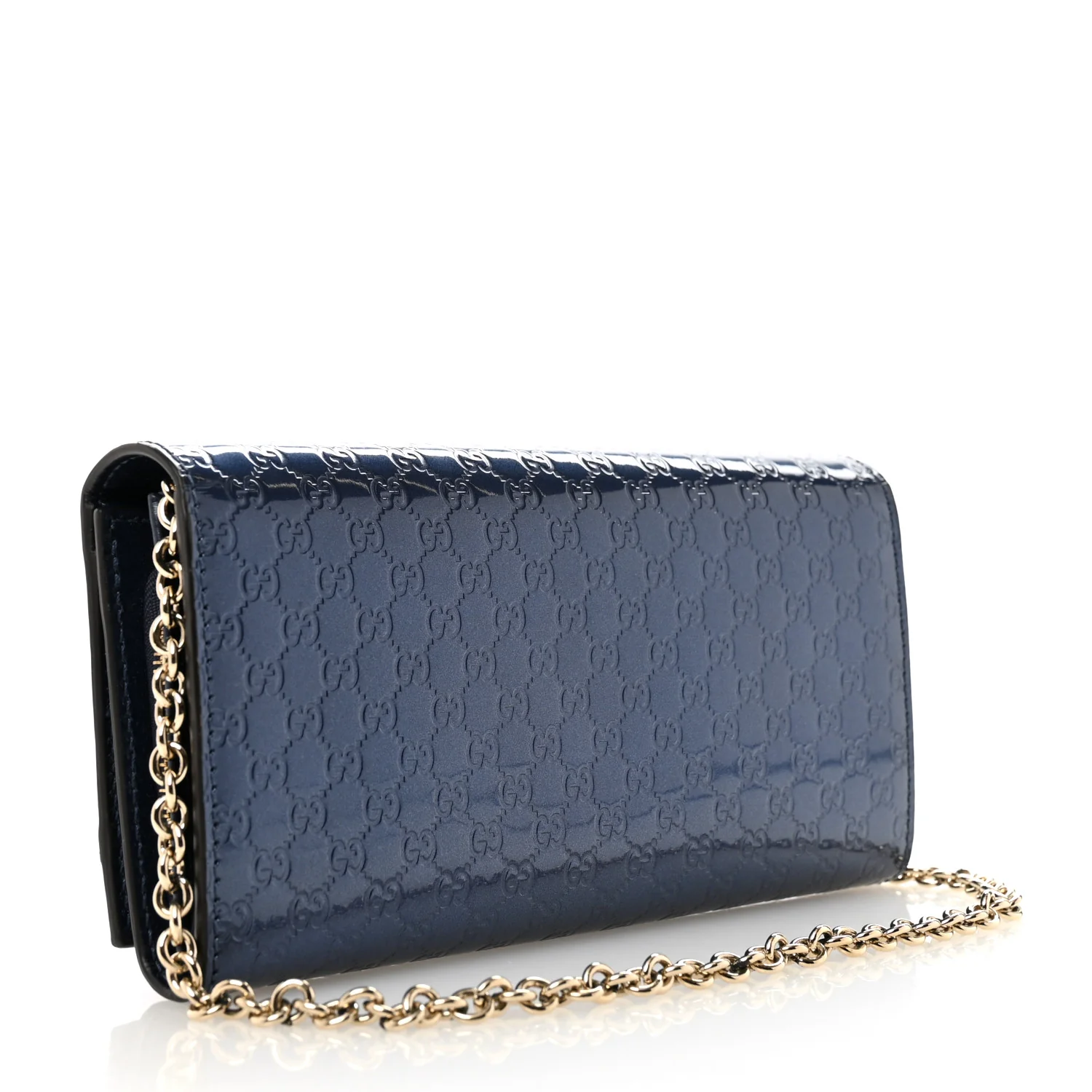 Metallic Patent Microguccissima Signature Chain Wallet Navy - Image 3