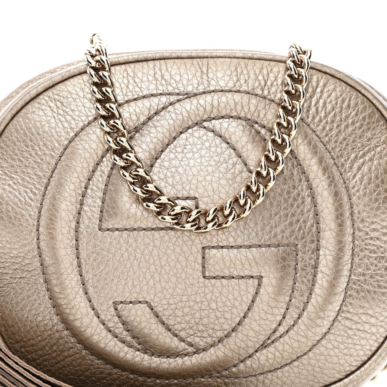 Metallic Pebbled Calfskin Mini Soho Chain Bag Golden Beige - Image 8