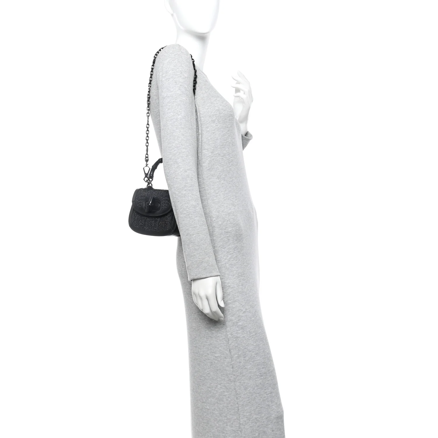Moire Fabric Calfskin Rhinestone Monogram Monochrome Mini Bamboo 1947 Top Handle Chain Bag Black - Image 2