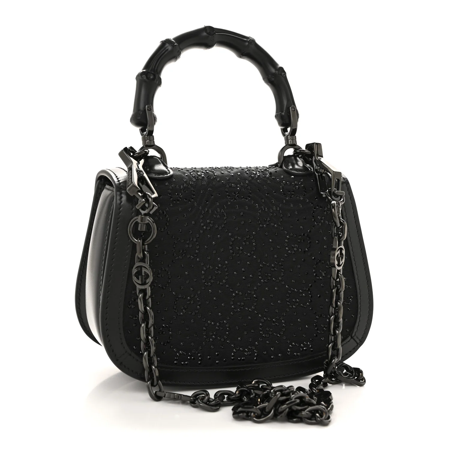 Moire Fabric Calfskin Rhinestone Monogram Monochrome Mini Bamboo 1947 Top Handle Chain Bag Black - Image 3