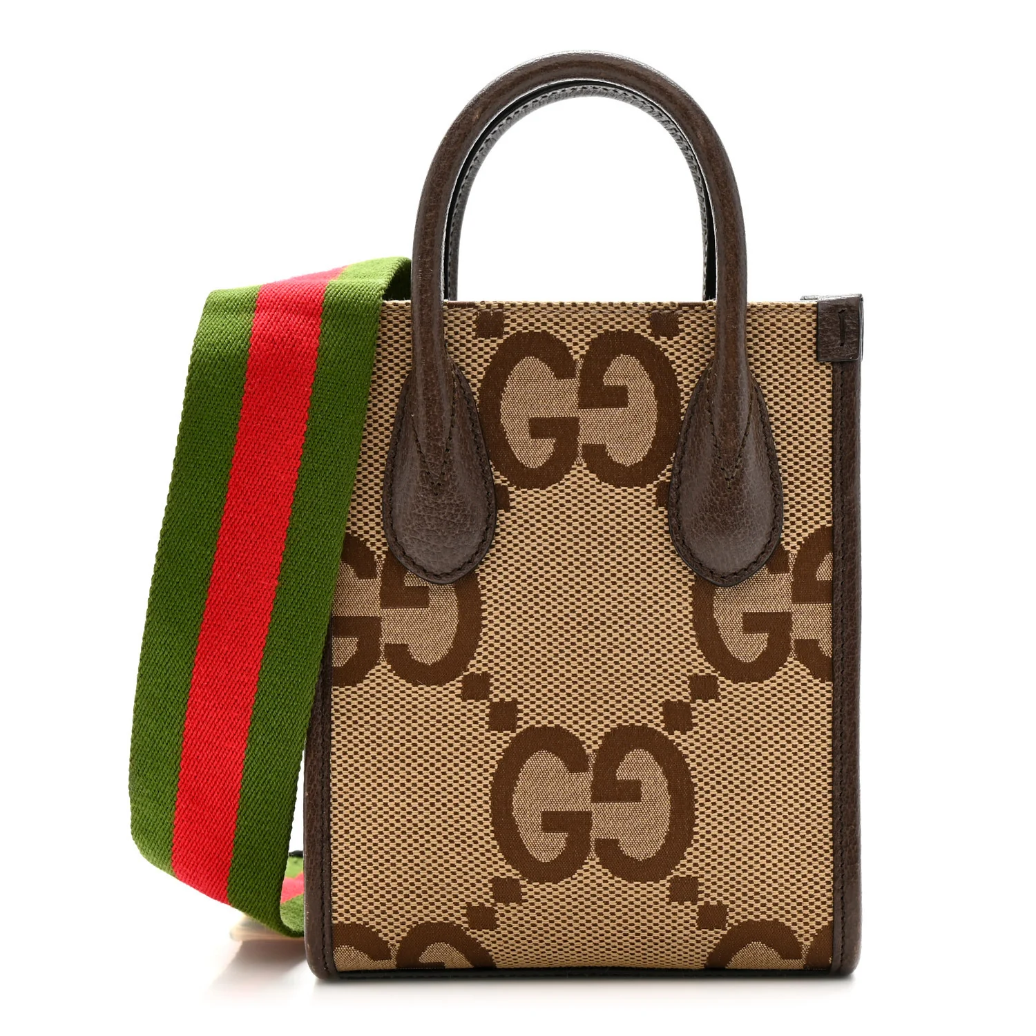 Monogram Jumbo GG Textured Dollar Calfskin Web Mini Vertical Tote Camel Ebony New Acero