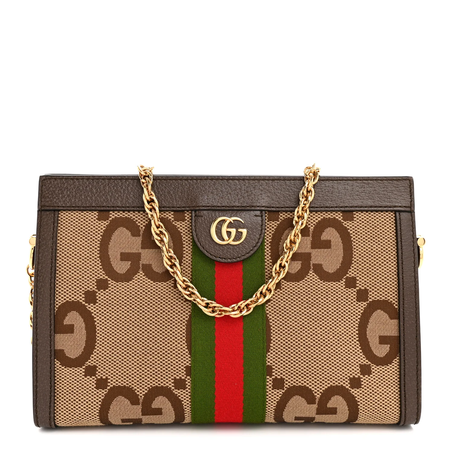 Monogram Jumbo GG Textured Dollar Calfskin Web Small Ophidia Chain Shoulder Bag Camel Ebony New Acero