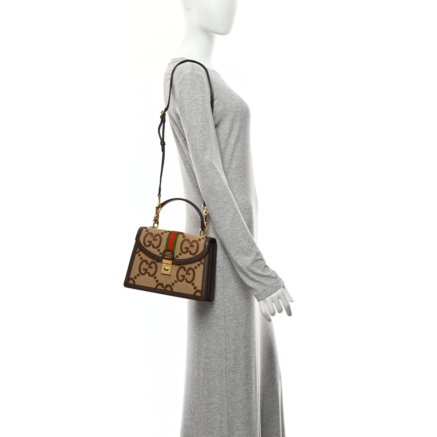 Monogram Jumbo GG Textured Dollar Calfskin Web Small Ophidia Padlock Top Handle Bag Camel Ebony New Acero - Image 2