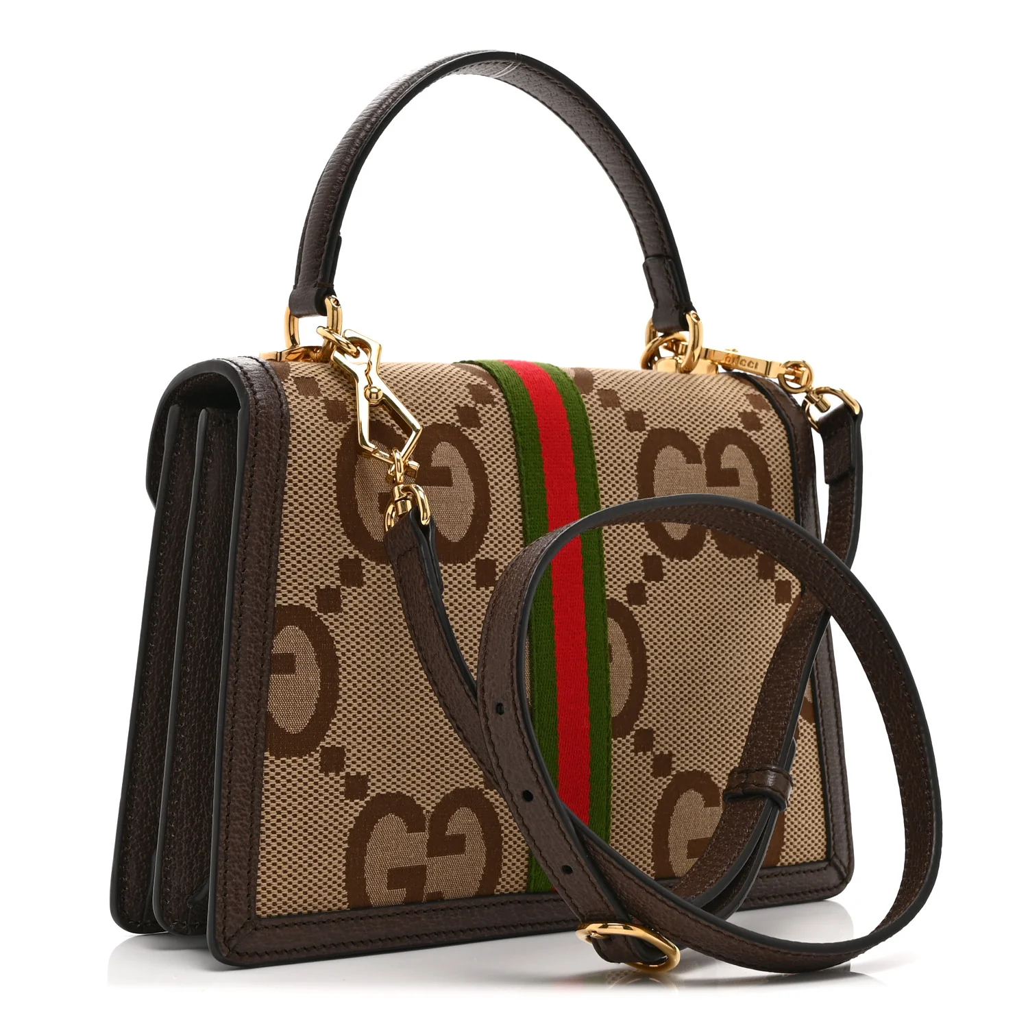 Monogram Jumbo GG Textured Dollar Calfskin Web Small Ophidia Padlock Top Handle Bag Camel Ebony New Acero - Image 3