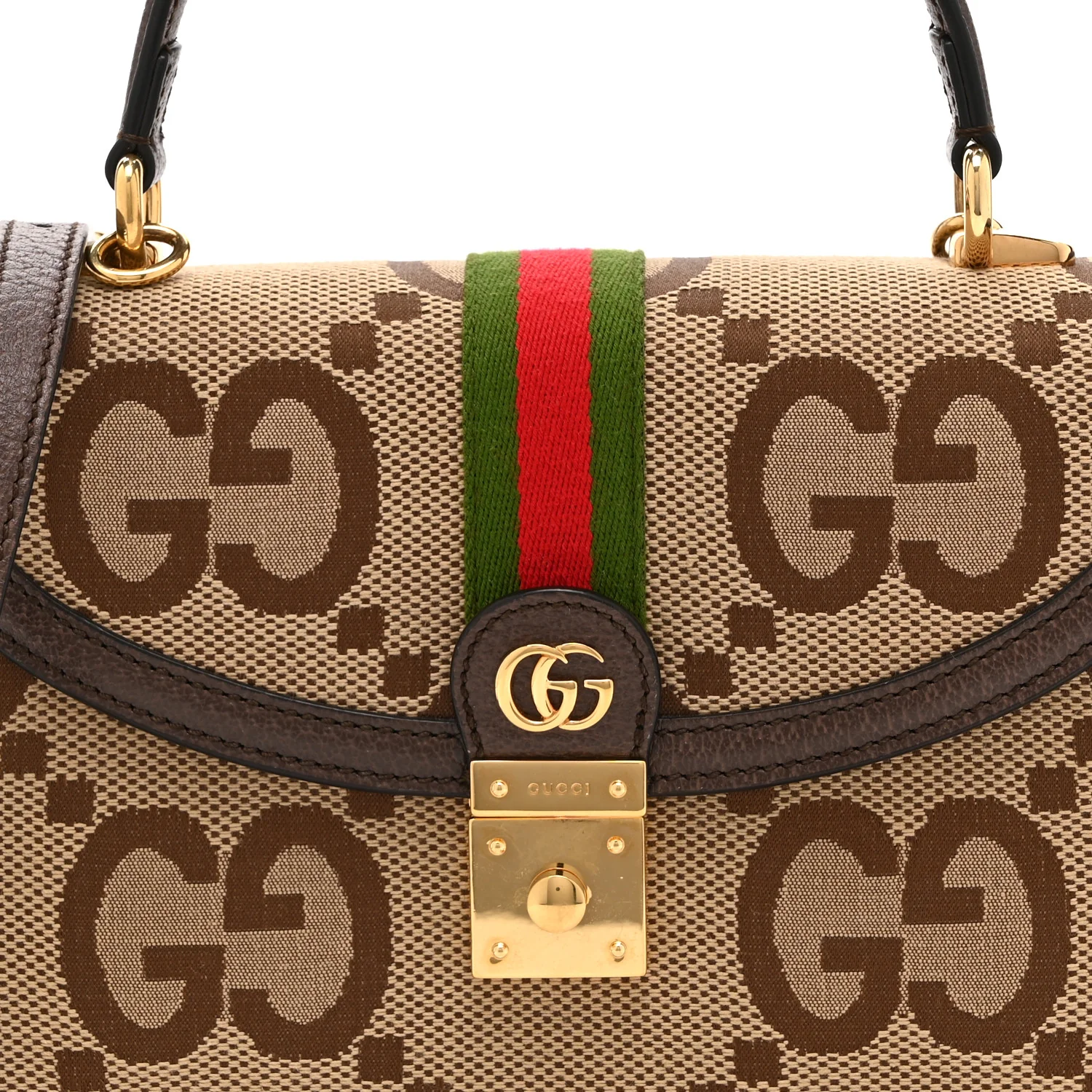 Monogram Jumbo GG Textured Dollar Calfskin Web Small Ophidia Padlock Top Handle Bag Camel Ebony New Acero - Image 9