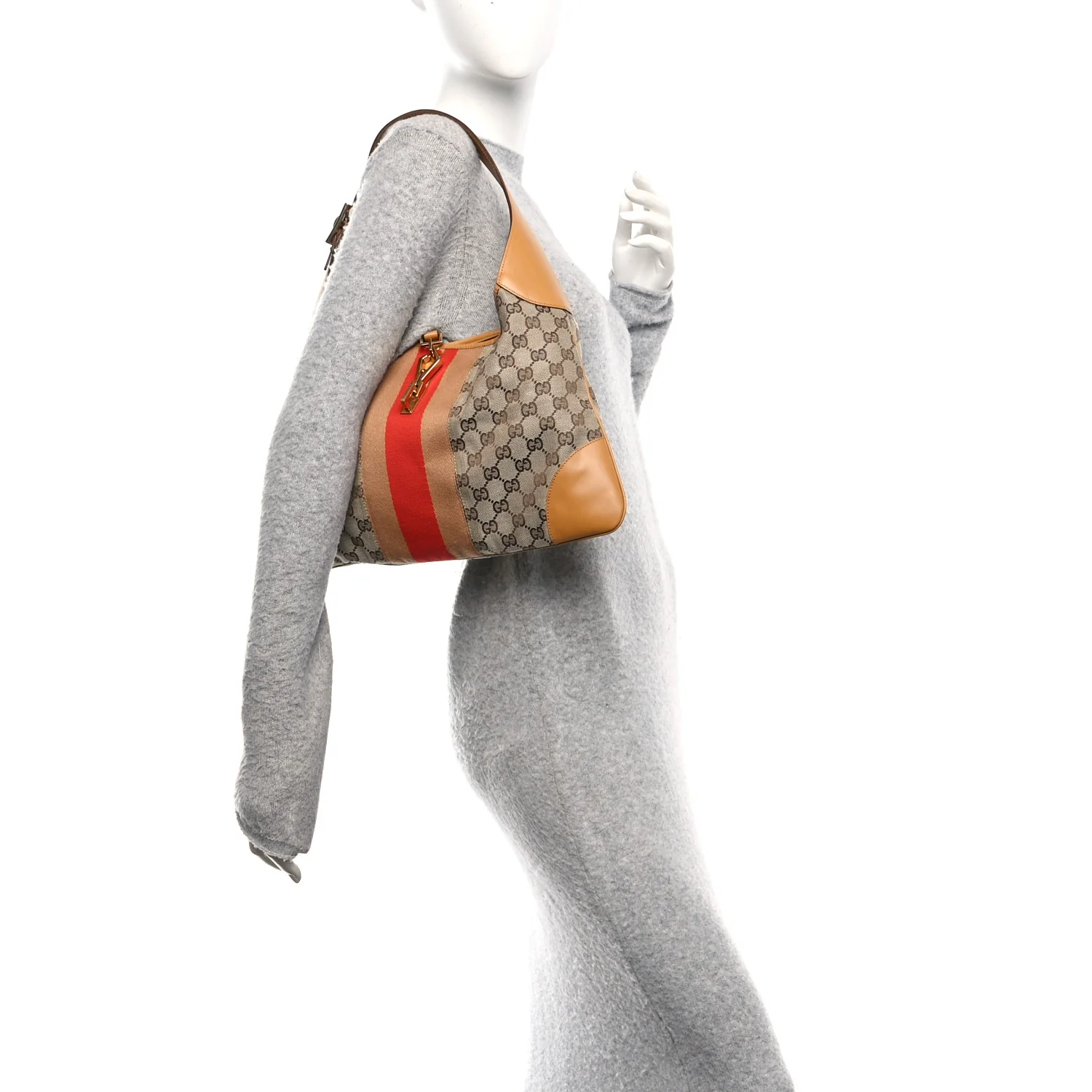 Monogram Lobster Clasp Jackie O Hobo Red Beige - Image 2