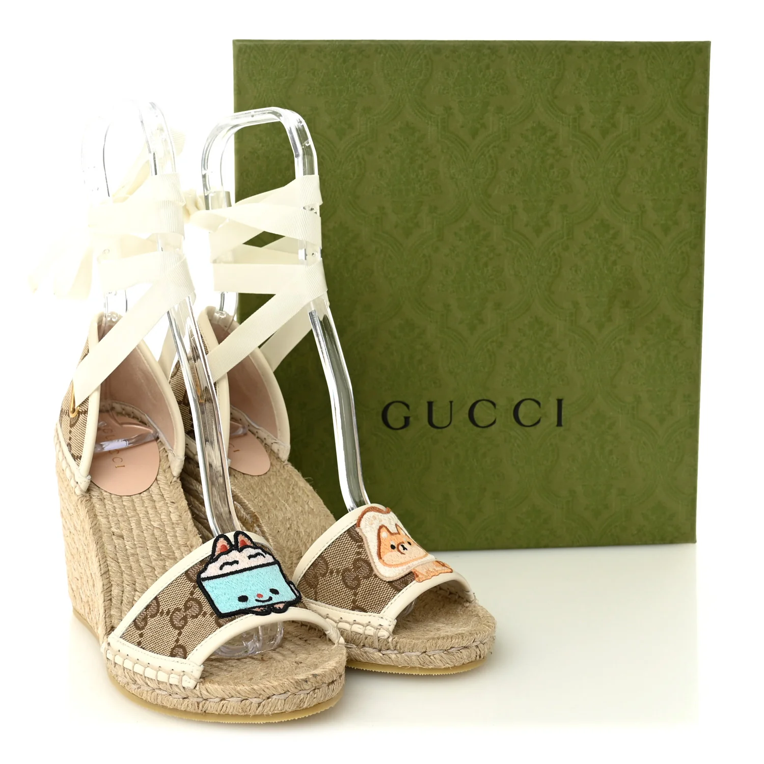 Monogram Patches Ankle Wrap Platform 35/120mm Espadrille Wedges 36 Beige White - Image 7