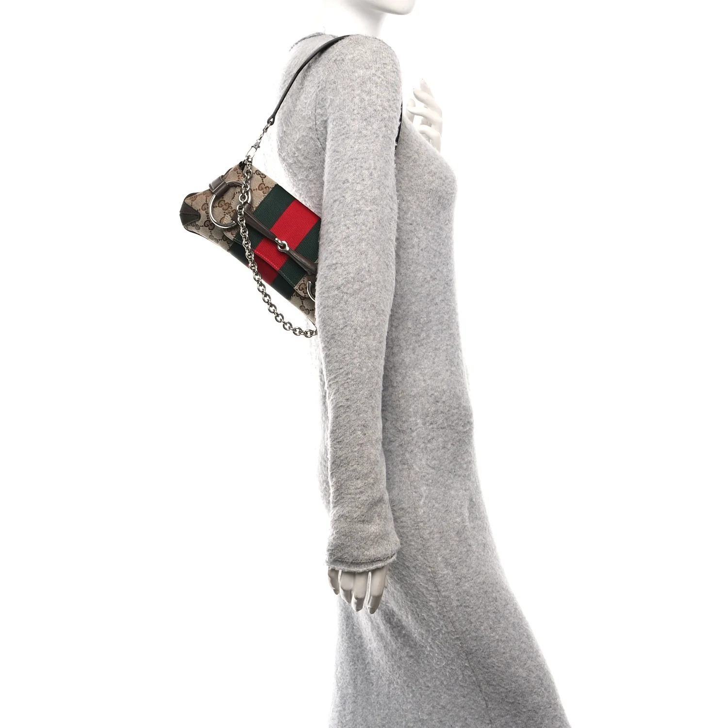 Monogram Textured Dollar Calfskin Heavy Grosgrain Web Small Maxi Horsebit Chain Shoulder Bag Beige Ebony New Acero - Image 2
