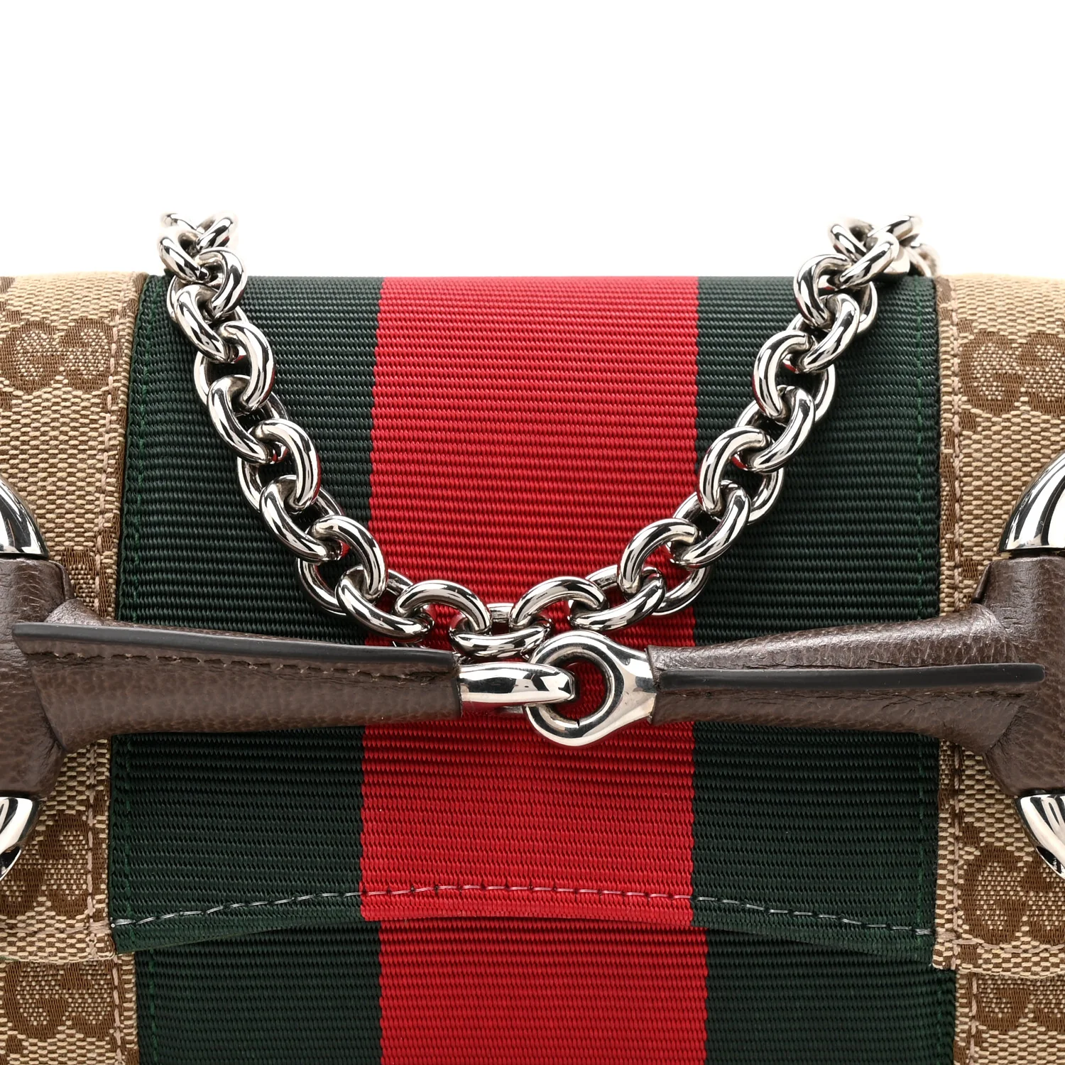 Monogram Textured Dollar Calfskin Heavy Grosgrain Web Small Maxi Horsebit Chain Shoulder Bag Beige Ebony New Acero - Image 8
