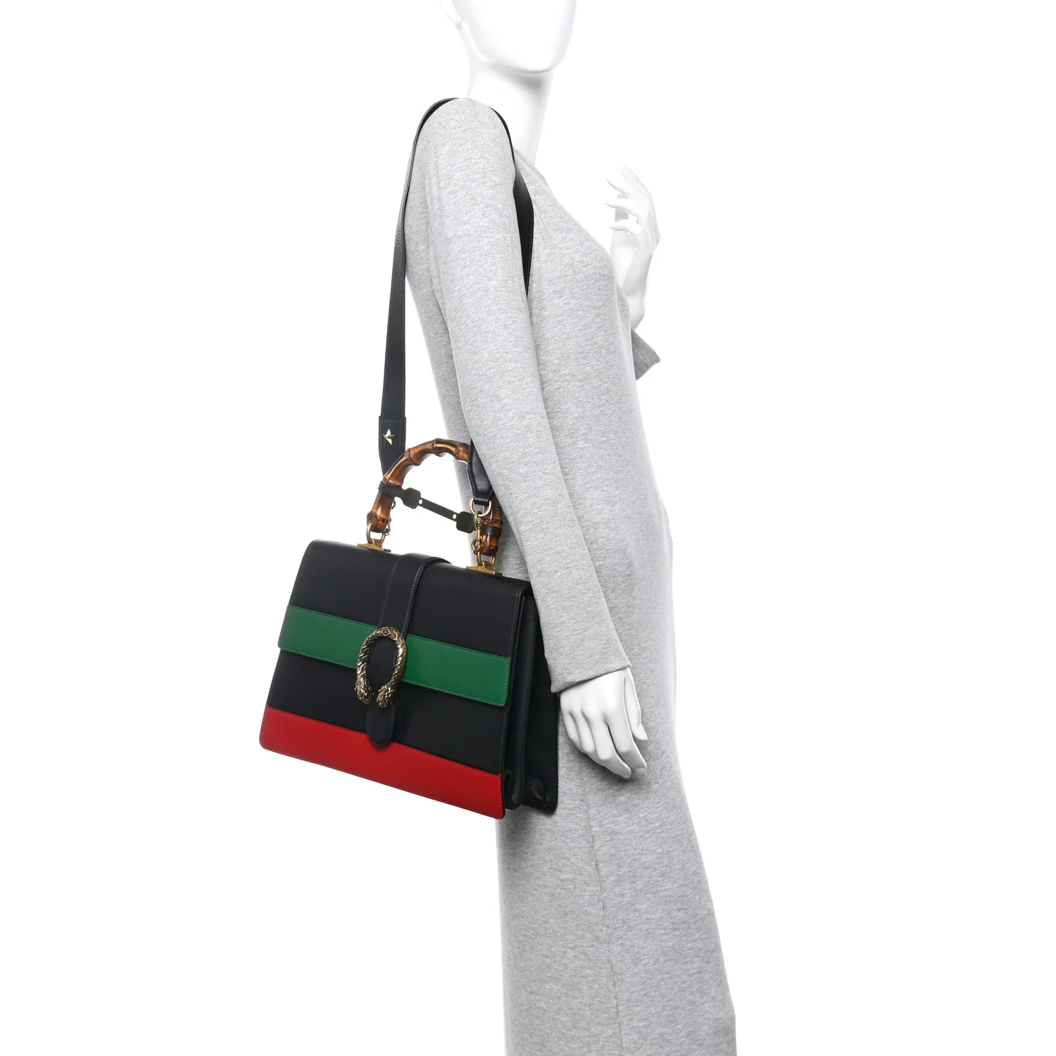 Moon Calfskin Web Large Dionysus Bamboo Top Handle Bag Black Bright Evergreen Hibiscus Red - Image 2