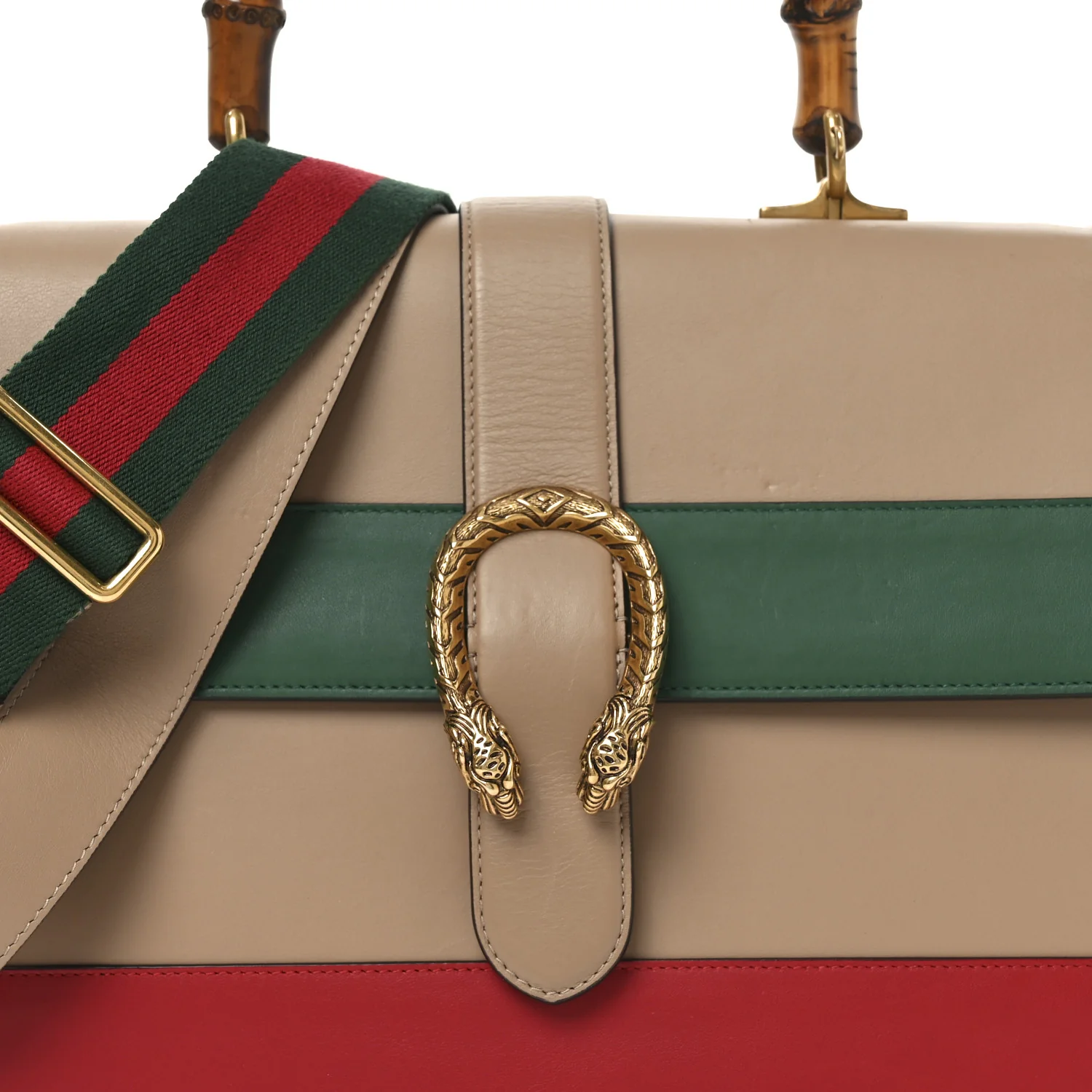 Moon Calfskin Web Large Dionysus Bamboo Top Handle Bag Camelia Bright Evergreen Hibiscus Red - Image 8