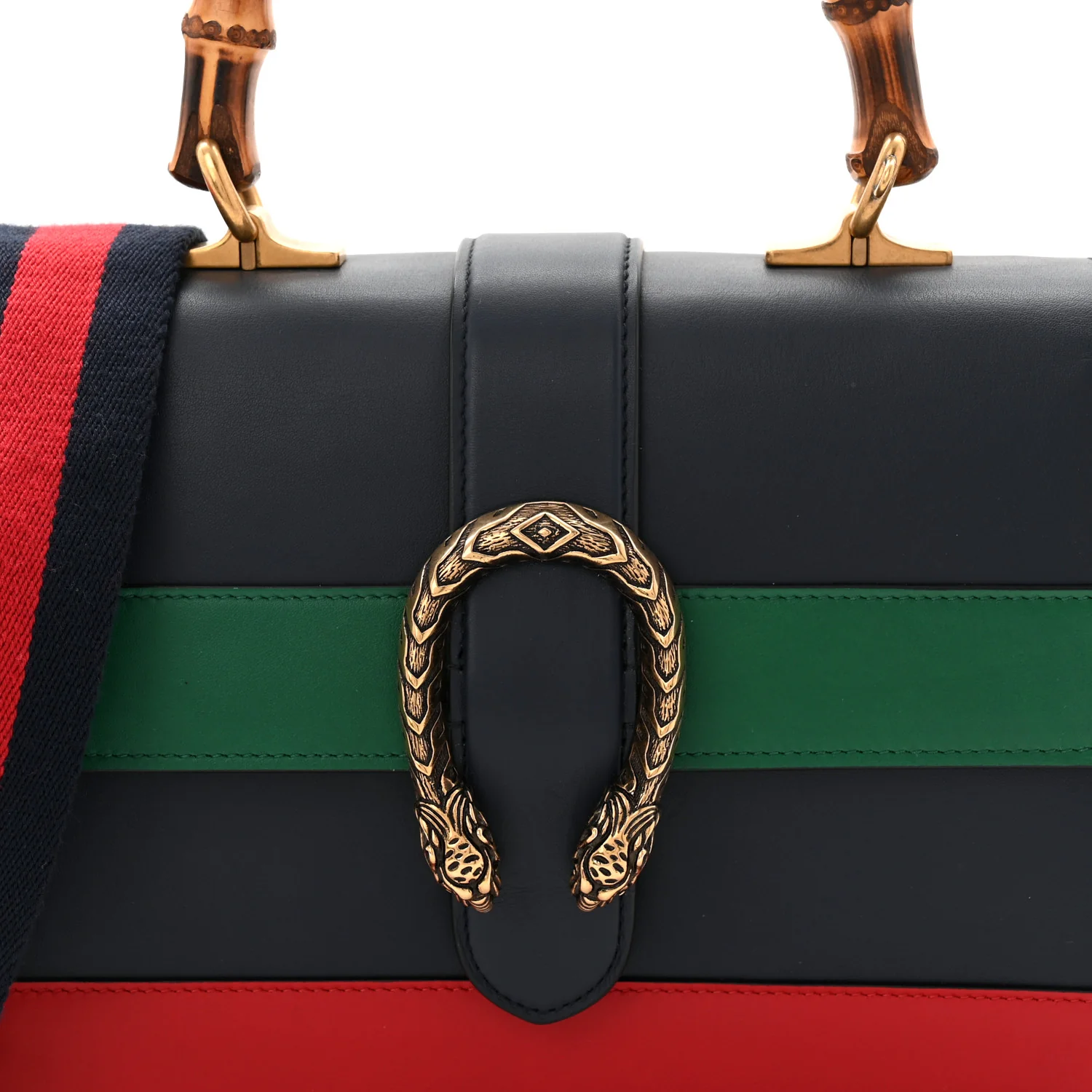 Moon Calfskin Web Medium Dionysus Bamboo Top Handle Bag Black Bright Evergreen Hibiscus Red - Image 8