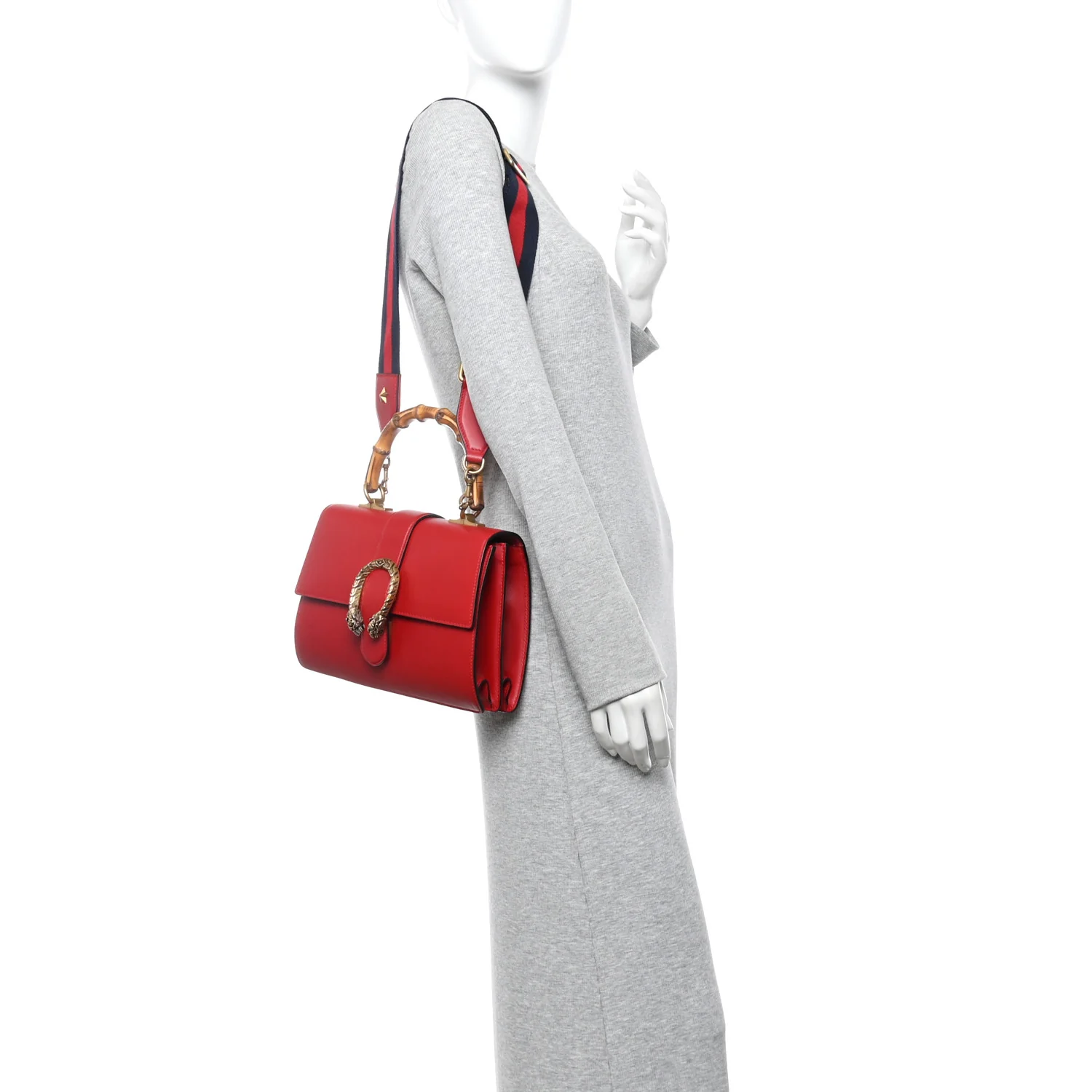 Moon Calfskin Web Medium Dionysus Bamboo Top Handle Bag Hibiscus Red - Image 2