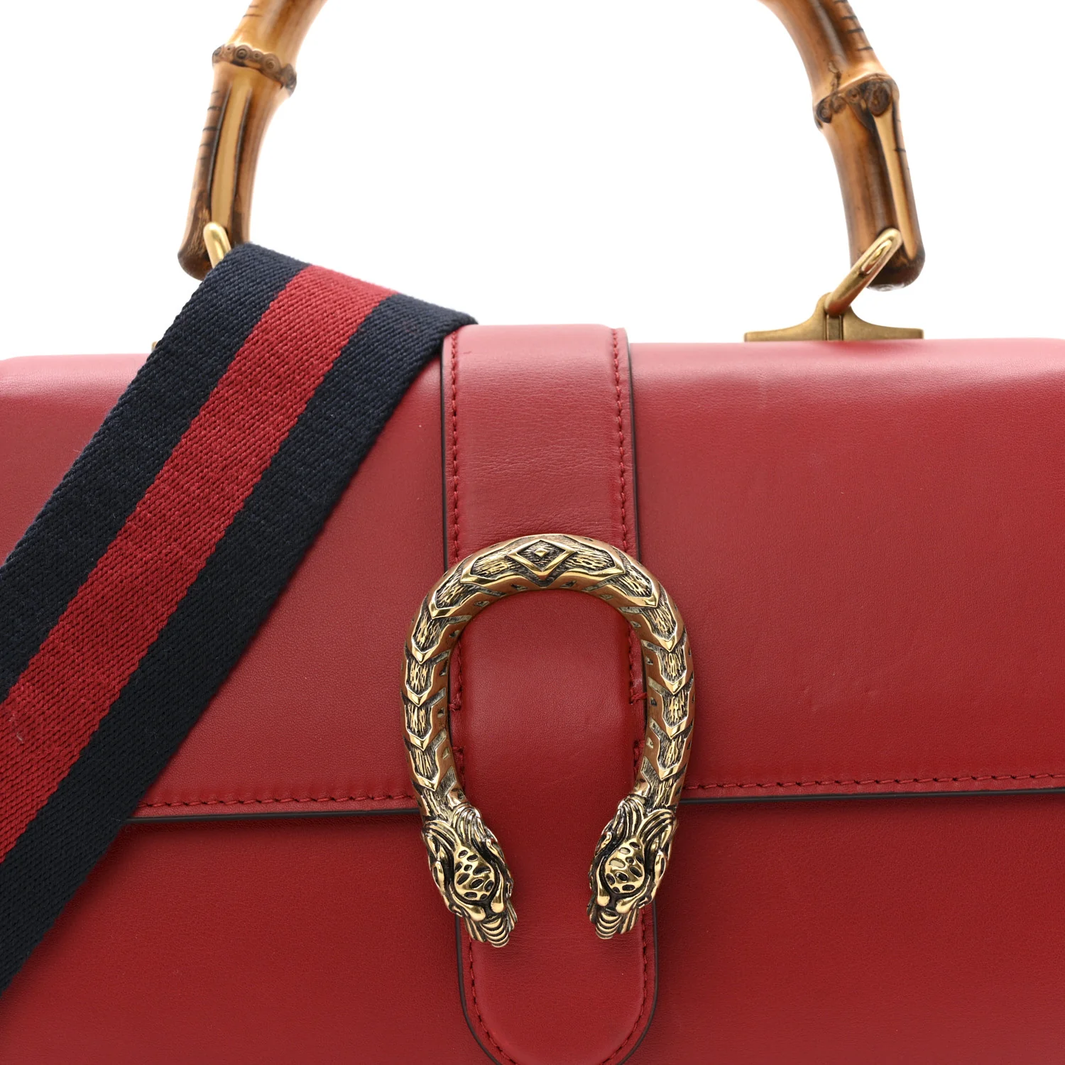 Moon Calfskin Web Medium Dionysus Bamboo Top Handle Bag Hibiscus Red - Image 9