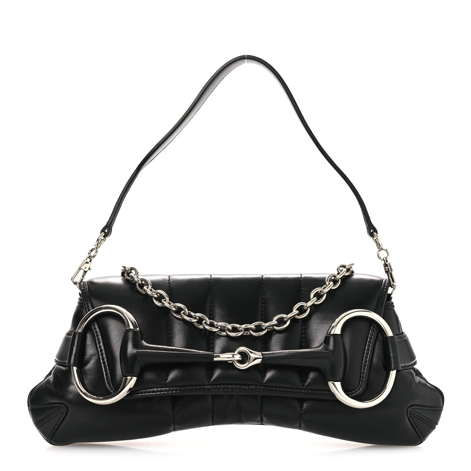 Nappa Vertical Matelasse Medium Maxi Horsebit Chain Shoulder Bag Black