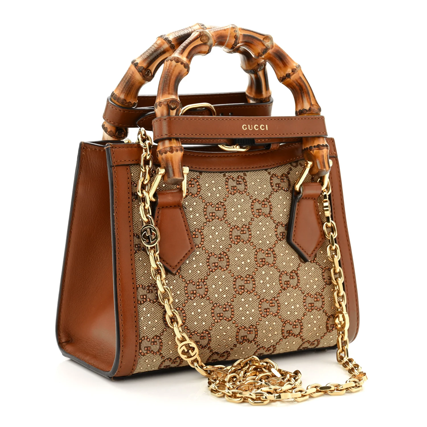 New Canvas Charisma Calfskin Crystal GG Monogram Mini Diana Tote Bag Camel Ebony - Image 3