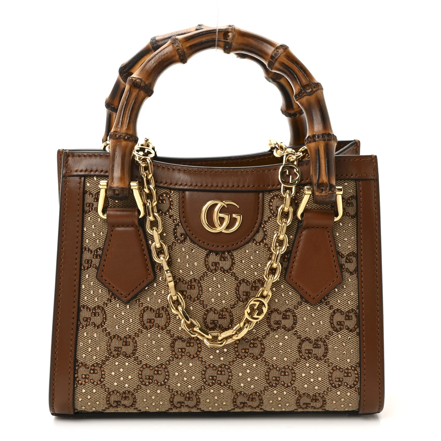 New Canvas Charisma Calfskin Crystal GG Monogram Mini Diana Tote Bag Camel Ebony