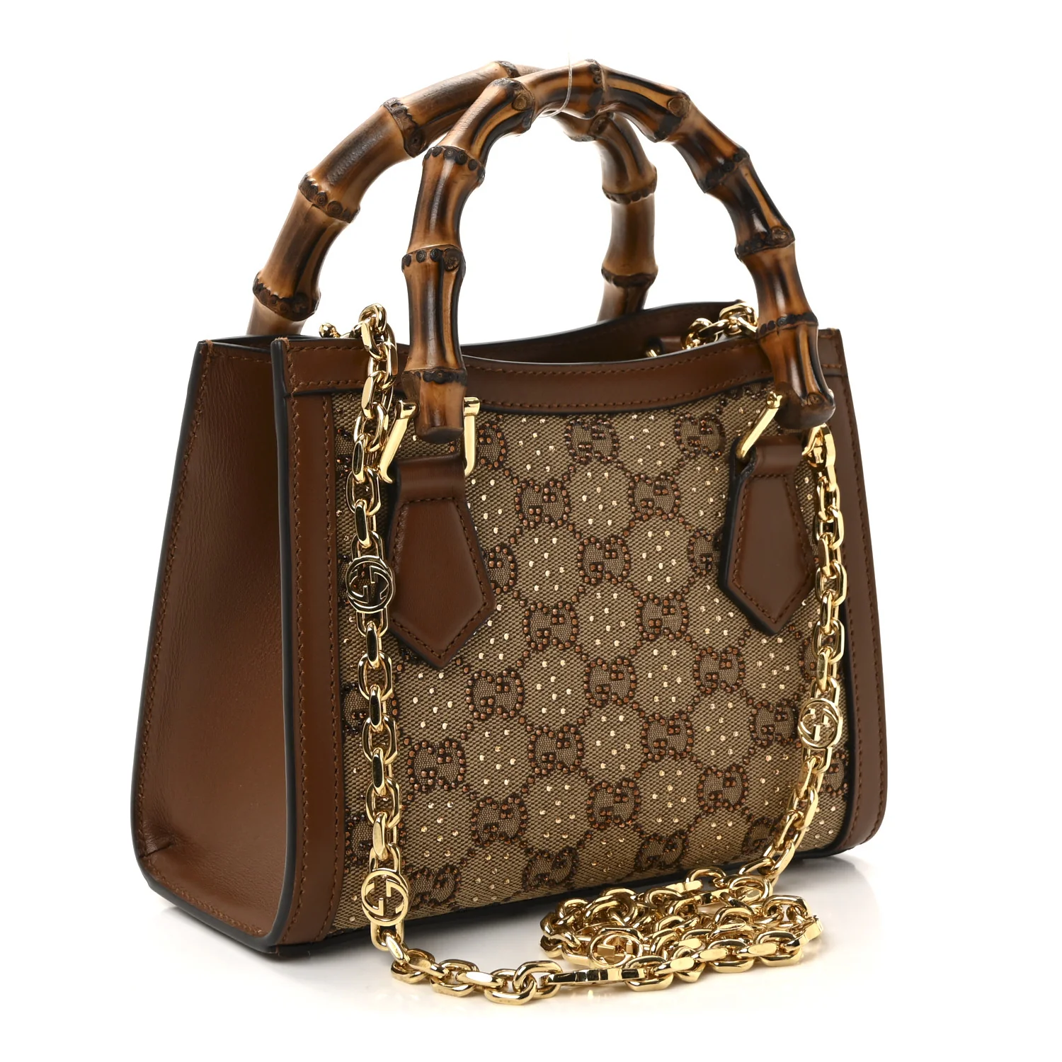 New Canvas Charisma Calfskin Crystal GG Monogram Mini Diana Tote Bag Camel Ebony - Image 3