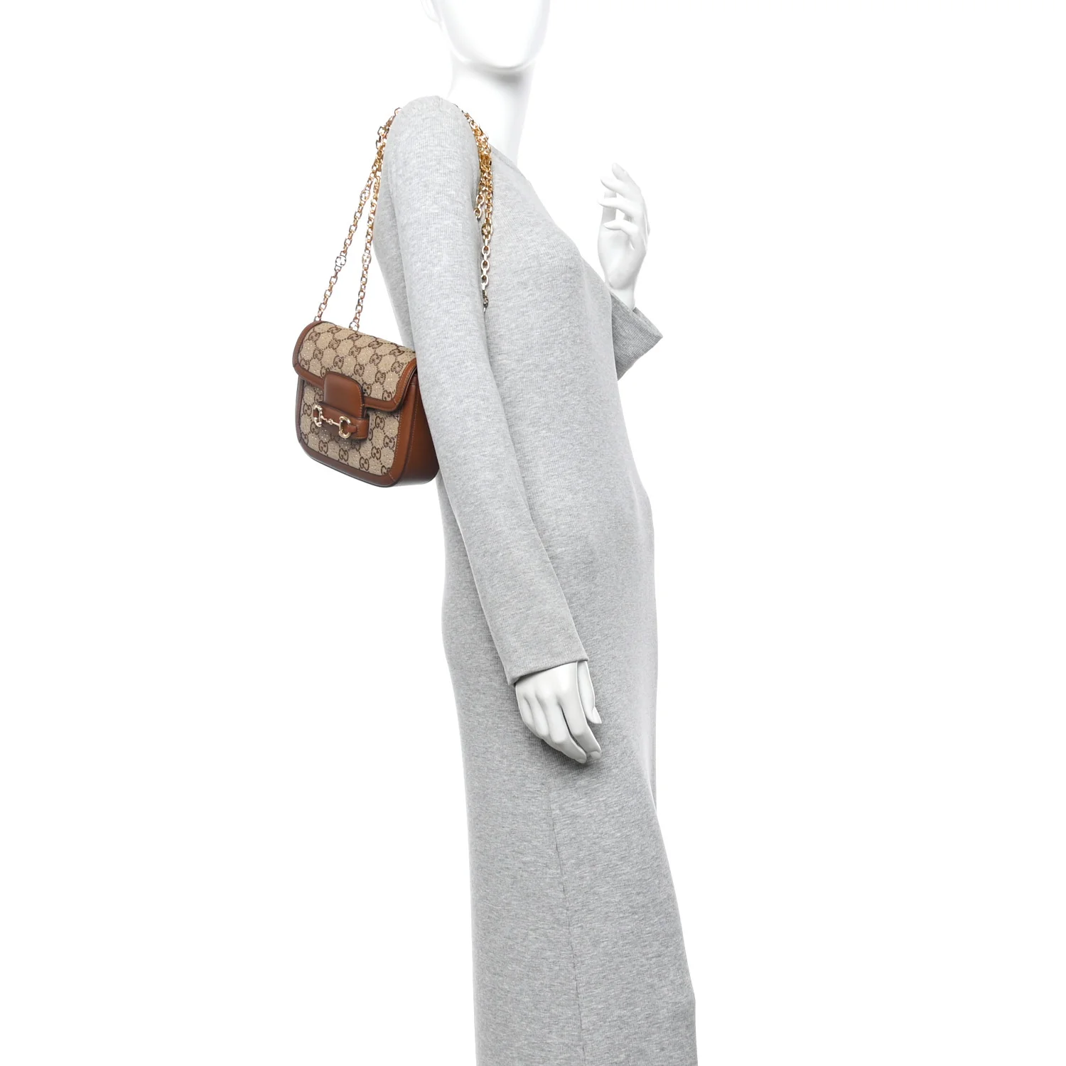 New Canvas Charisma Calfskin Crystal GG Monogram Mini Horsebit 1955 Shoulder Bag Camel Ebony - Image 2