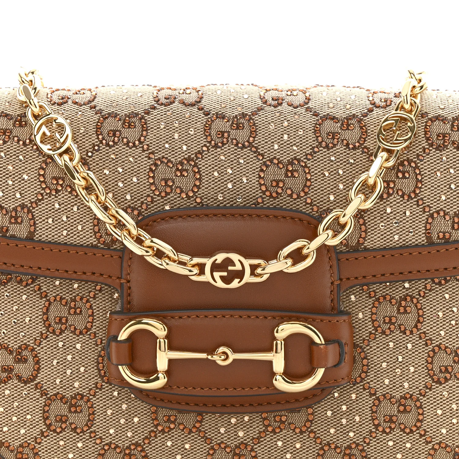 New Canvas Charisma Calfskin Crystal GG Monogram Mini Horsebit 1955 Shoulder Bag Camel Ebony - Image 8
