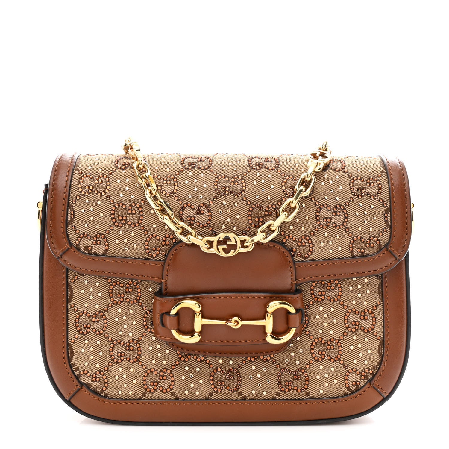 New Canvas Charisma Calfskin Crystal GG Monogram Mini Horsebit 1955 Shoulder Bag Camel Ebony