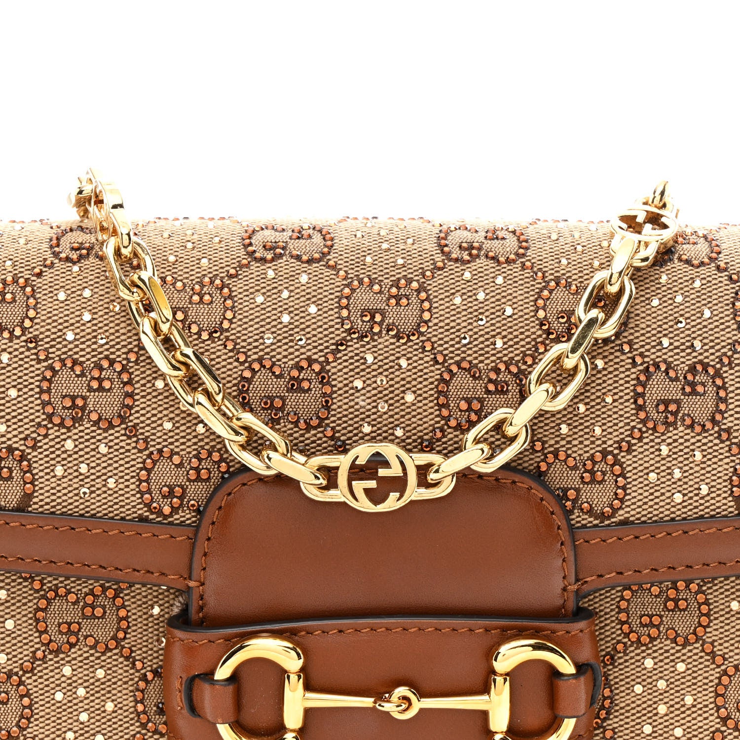 New Canvas Charisma Calfskin Crystal GG Monogram Mini Horsebit 1955 Shoulder Bag Camel Ebony - Image 8