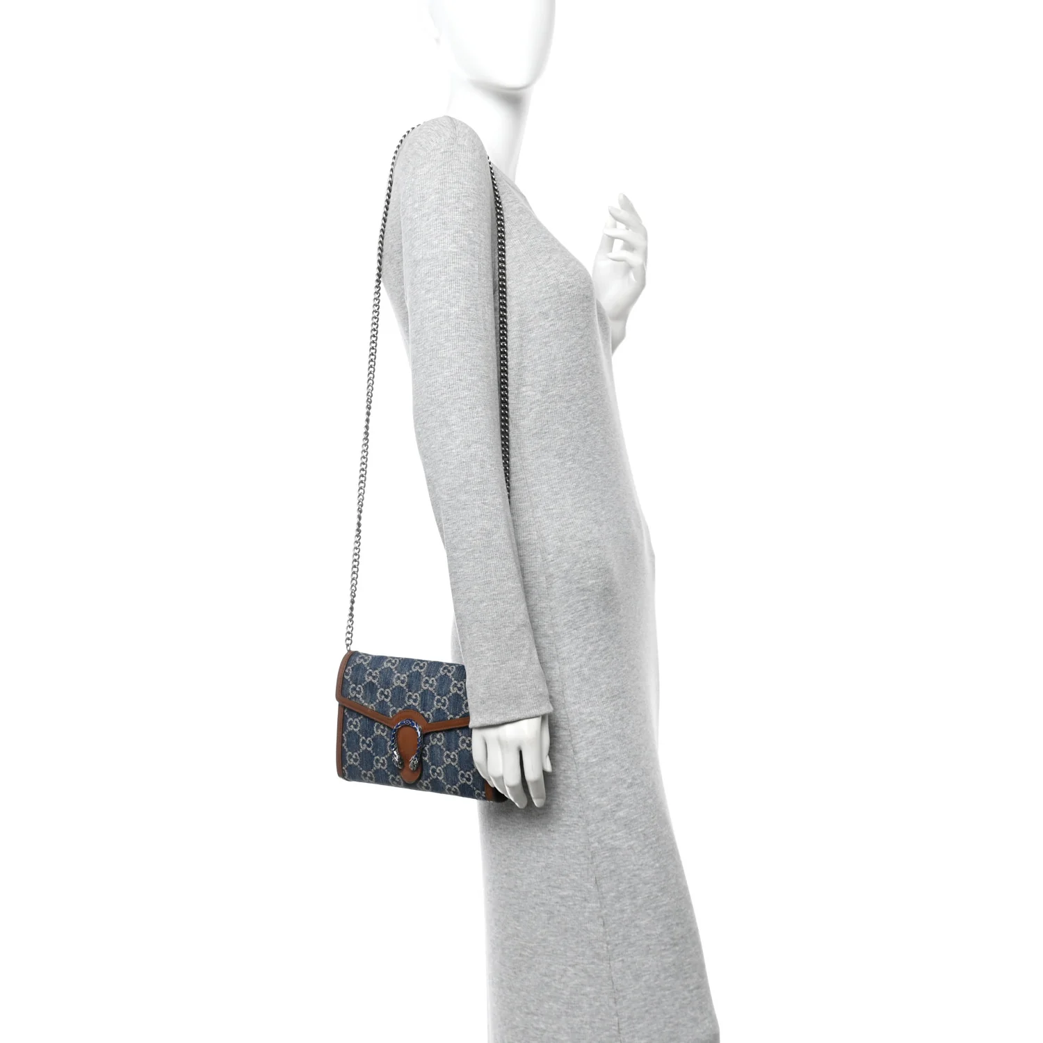 New Denim GG Monogram Dollar Calfskin Enamel Mini Dionysus Chain Wallet Blue Tea Cuir Epilog Electric Blue - Image 2