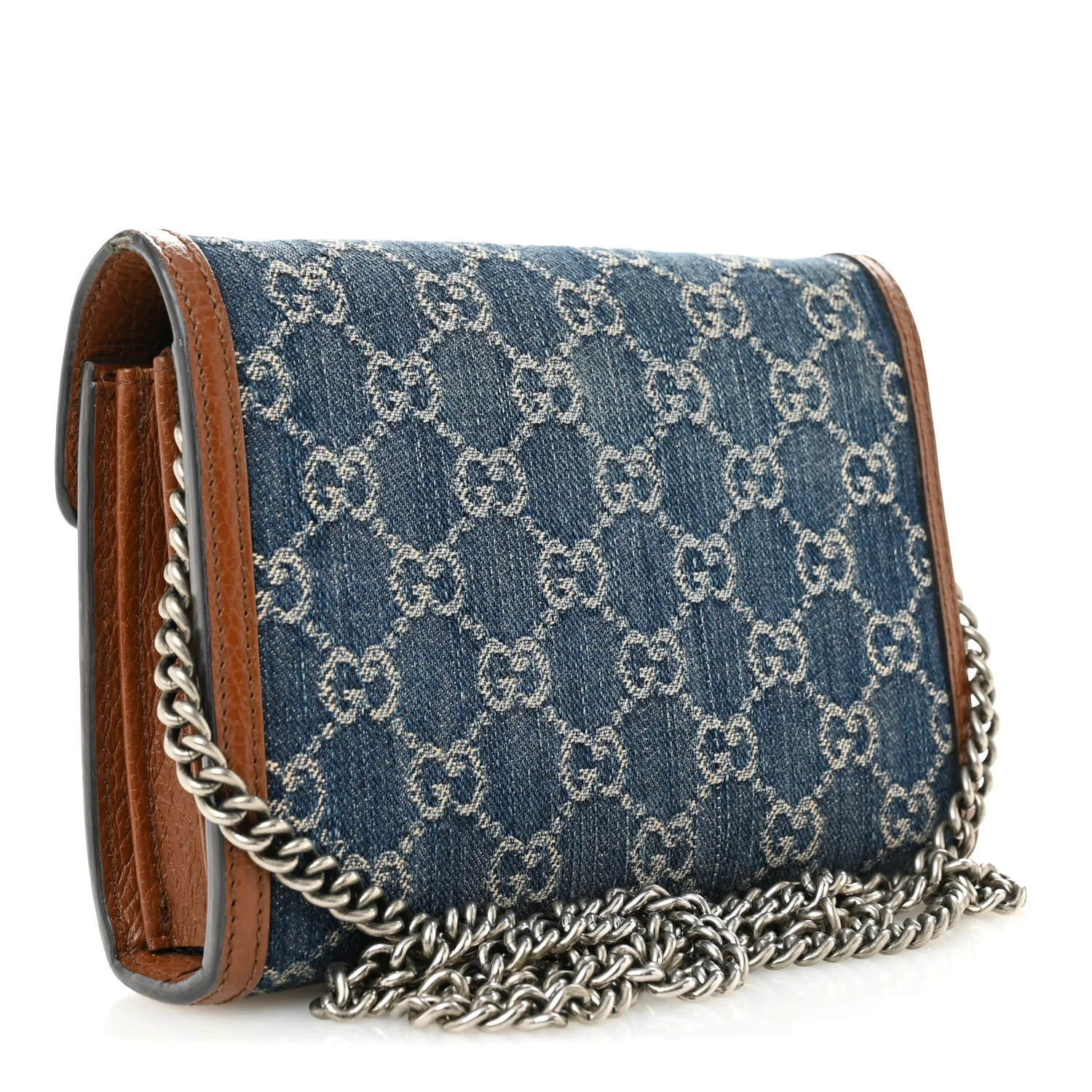 New Denim GG Monogram Dollar Calfskin Enamel Mini Dionysus Chain Wallet Blue Tea Cuir Epilog Electric Blue - Image 3