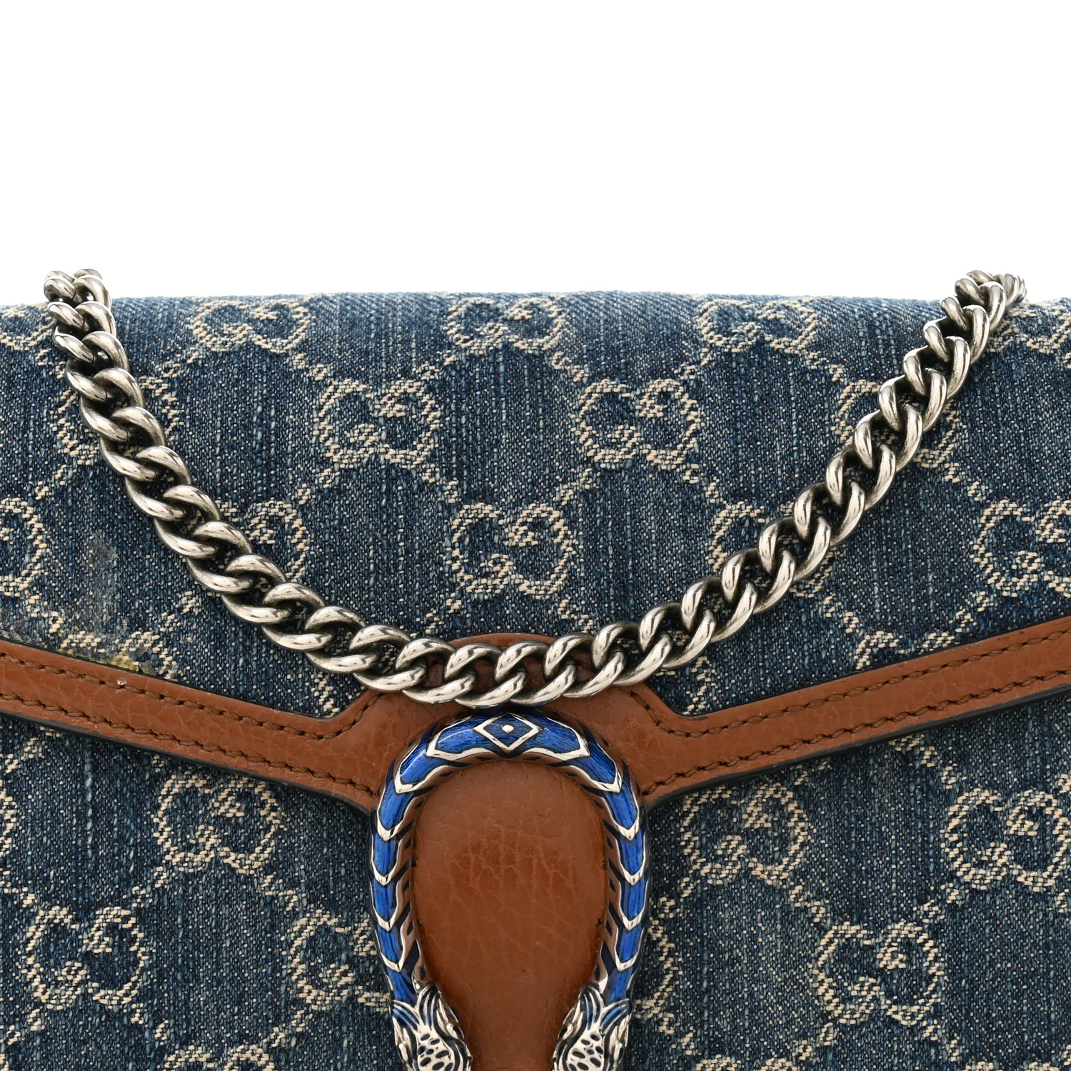 New Denim GG Monogram Dollar Calfskin Enamel Mini Dionysus Chain Wallet Blue Tea Cuir Epilog Electric Blue - Image 8