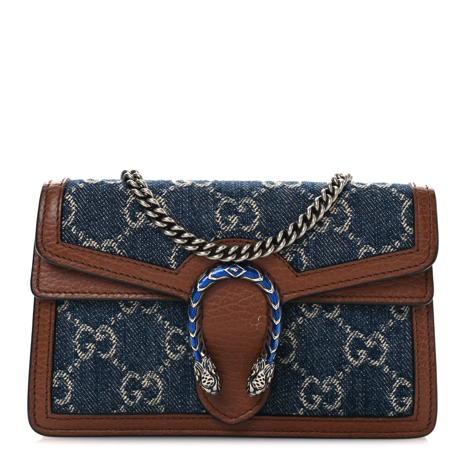 New Denim GG Monogram Dollar Calfskin Enamel Super Mini Dionysus Shoulder Bag Blue Tea Cuir Epilog Electric Blue