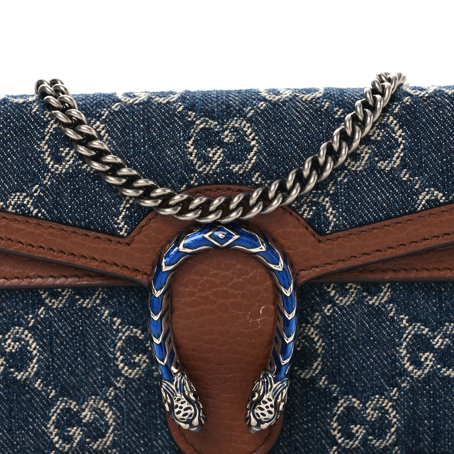 New Denim GG Monogram Dollar Calfskin Enamel Super Mini Dionysus Shoulder Bag Blue Tea Cuir Epilog Electric Blue - Image 6