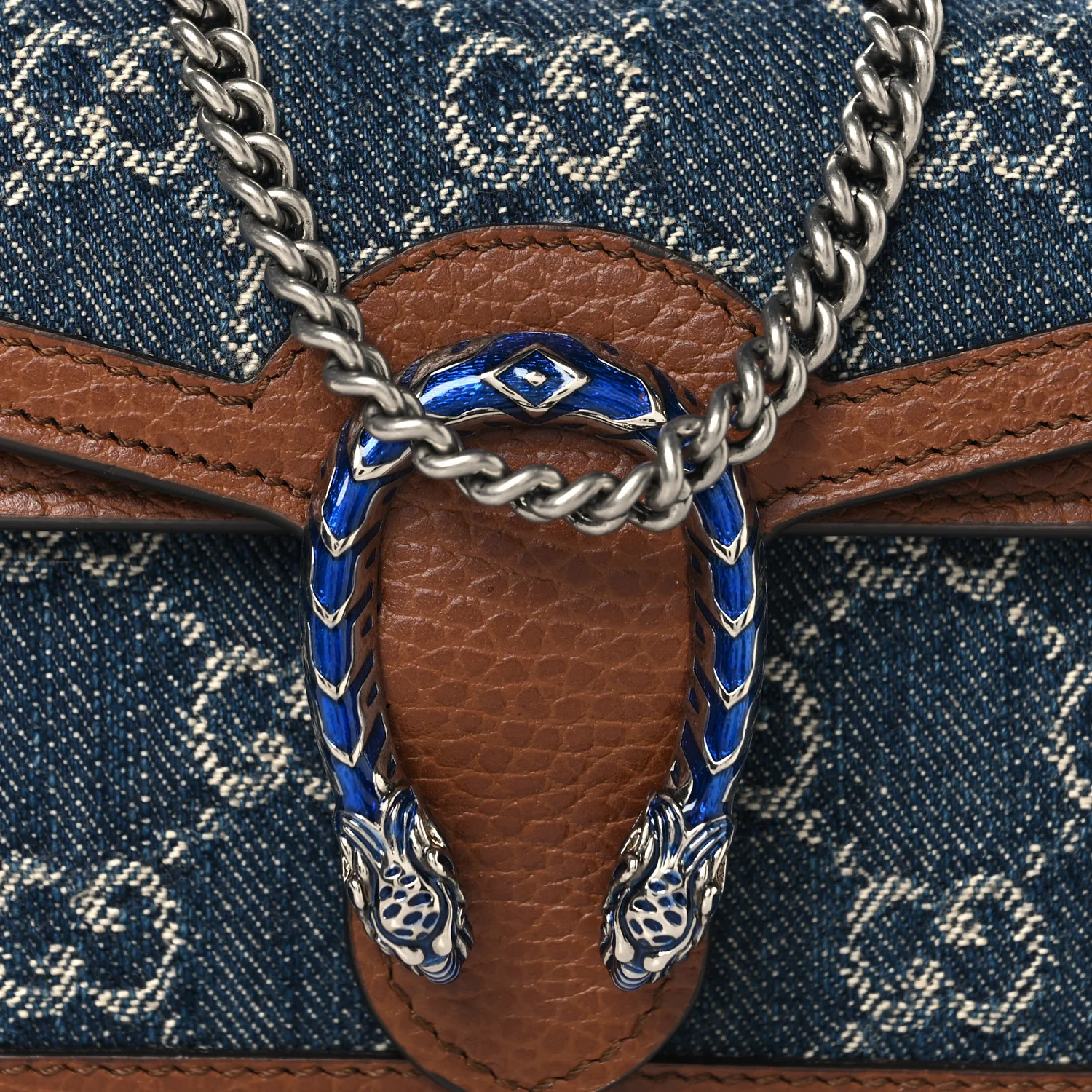 New Denim GG Monogram Dollar Calfskin Enamel Super Mini Dionysus Shoulder Bag Blue Tea Cuir Epilog Electric Blue - Image 7