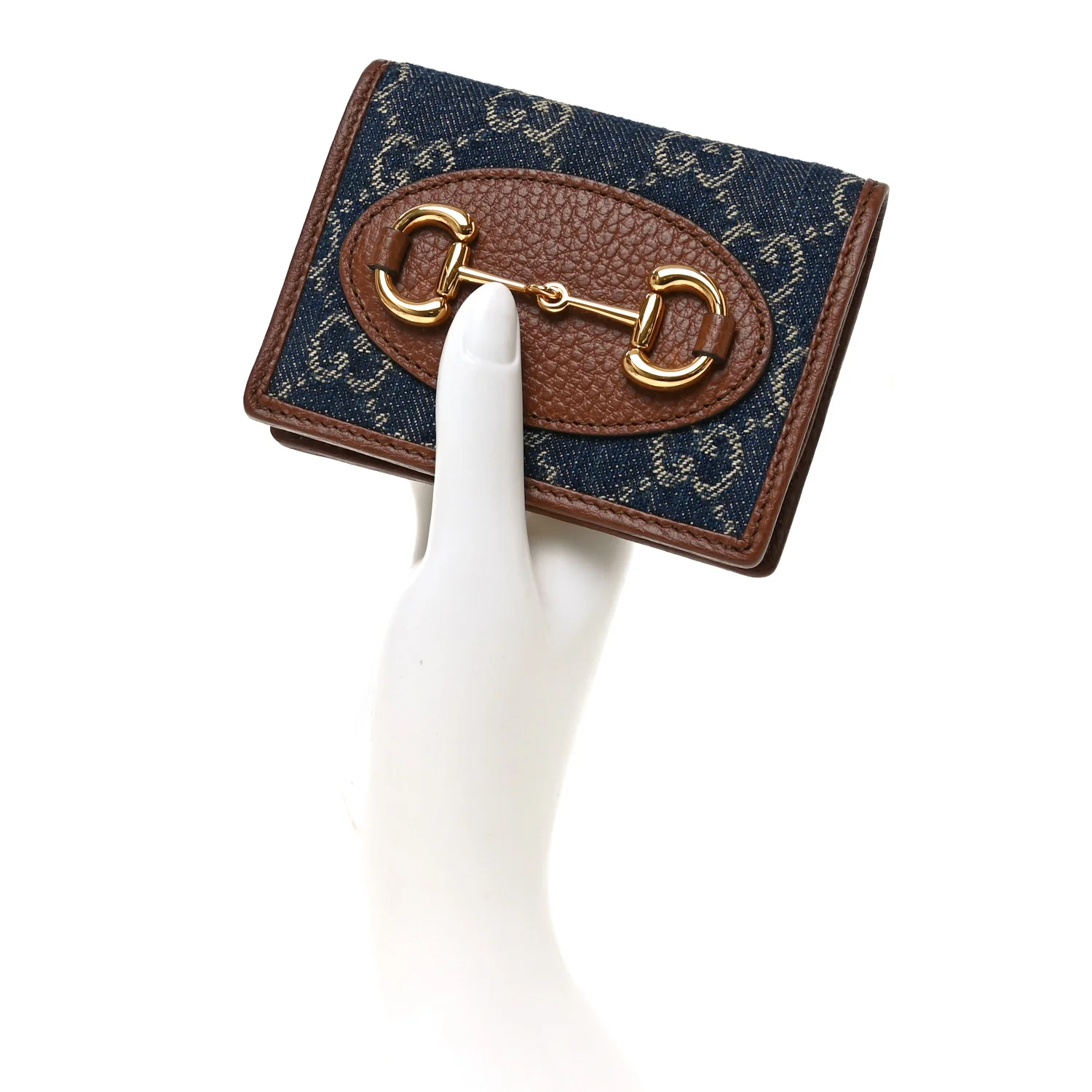 New Denim GG Monogram Dollar Calfskin Horsebit 1955 Card Case Wallet Blue Tea Cuir Epilog - Image 2