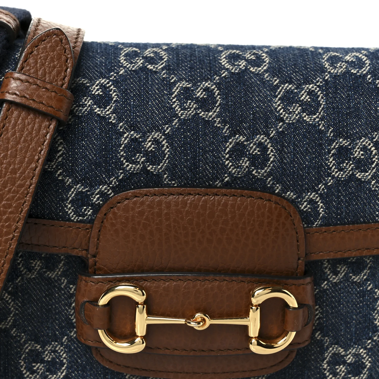 New Denim GG Monogram Dollar Calfskin Web Mini Horsebit 1955 Shoulder Bag Blue Tea Cuir Epilog - Image 10
